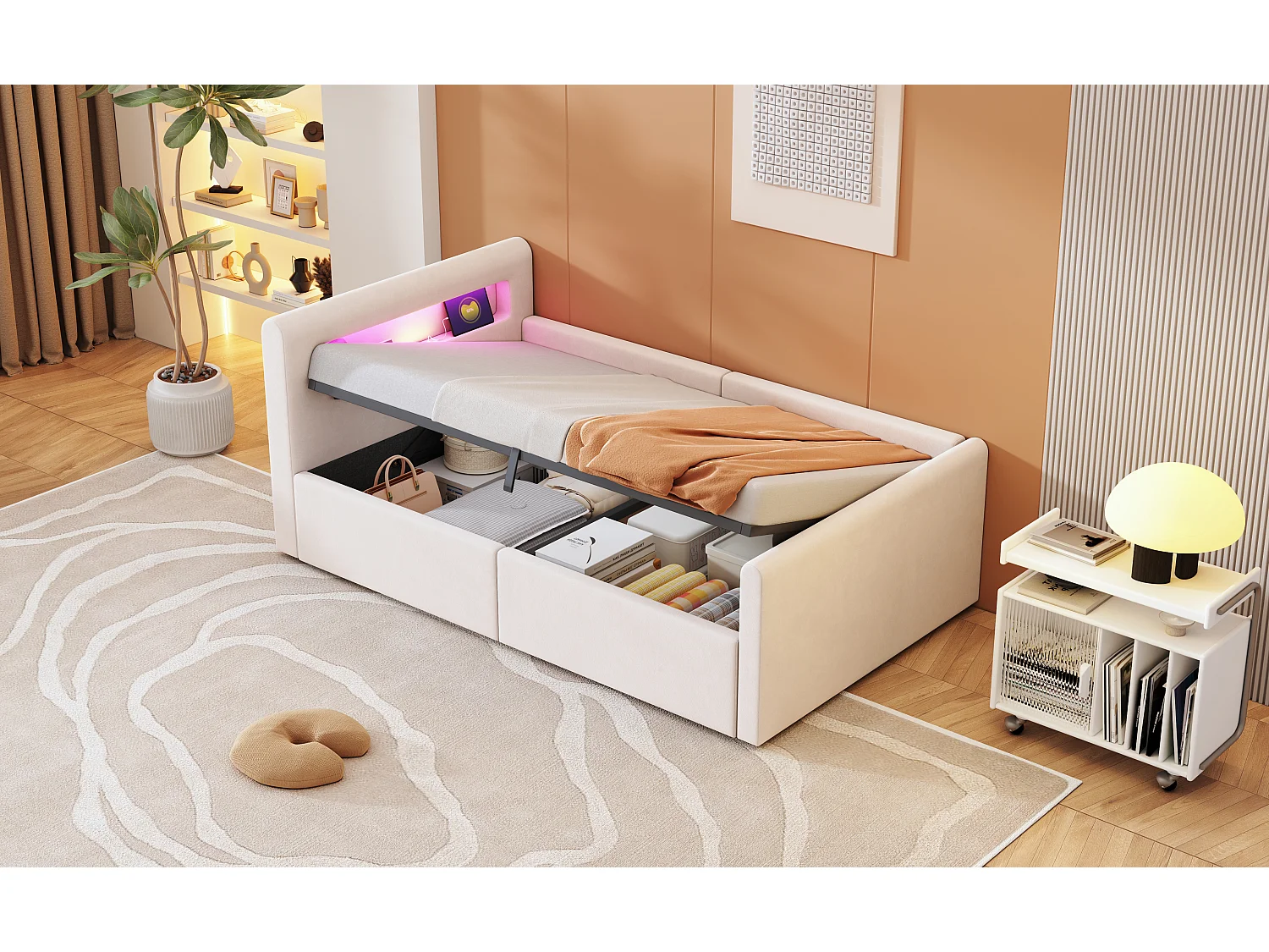 Cama infantil tapizada con canapé - 90 x 200 cm - con LED + USB - cabecero con estante - terciopelo + MDF - beige