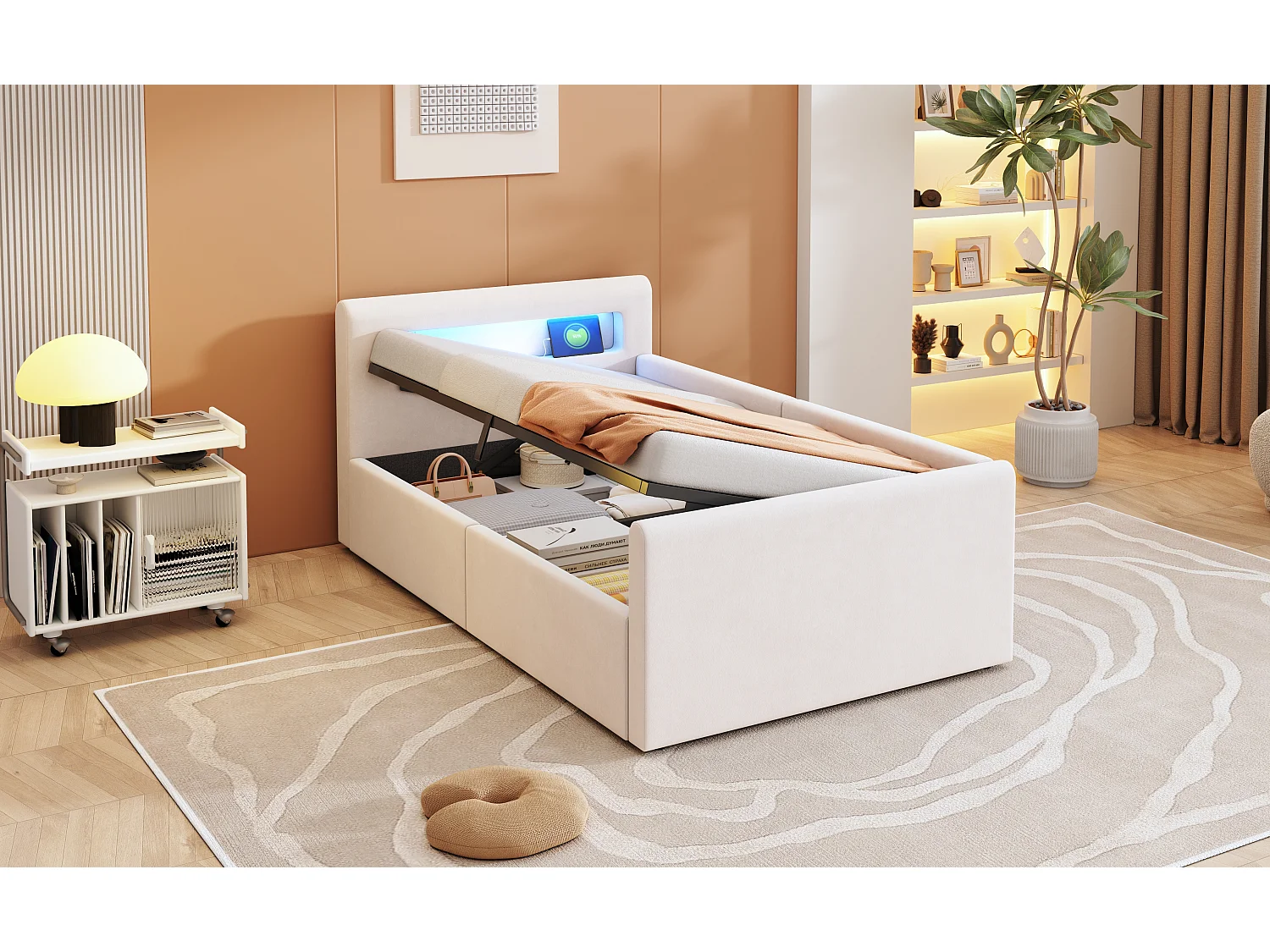 Cama infantil tapizada con canapé - 90 x 200 cm - con LED + USB - cabecero con estante - terciopelo + MDF - beige