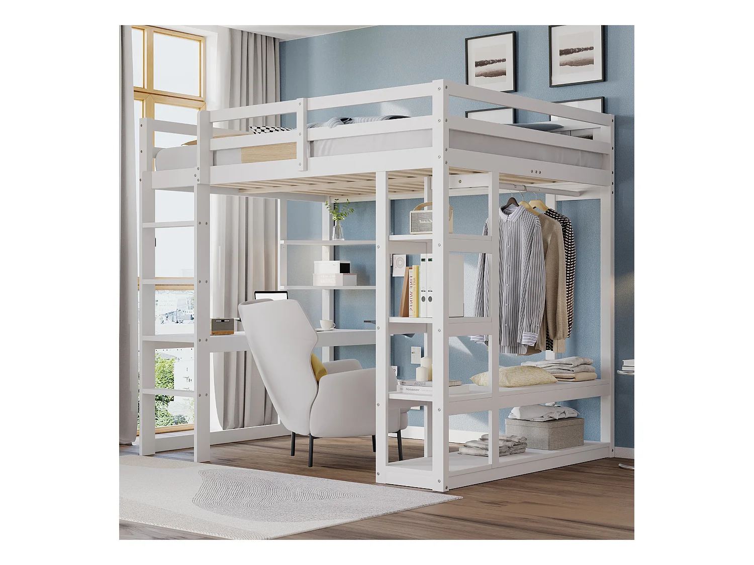 Lit mezzanine enfant - 140 x 200 cm - avec échelle + table + étagères + cintres - bois + MDF - blanc