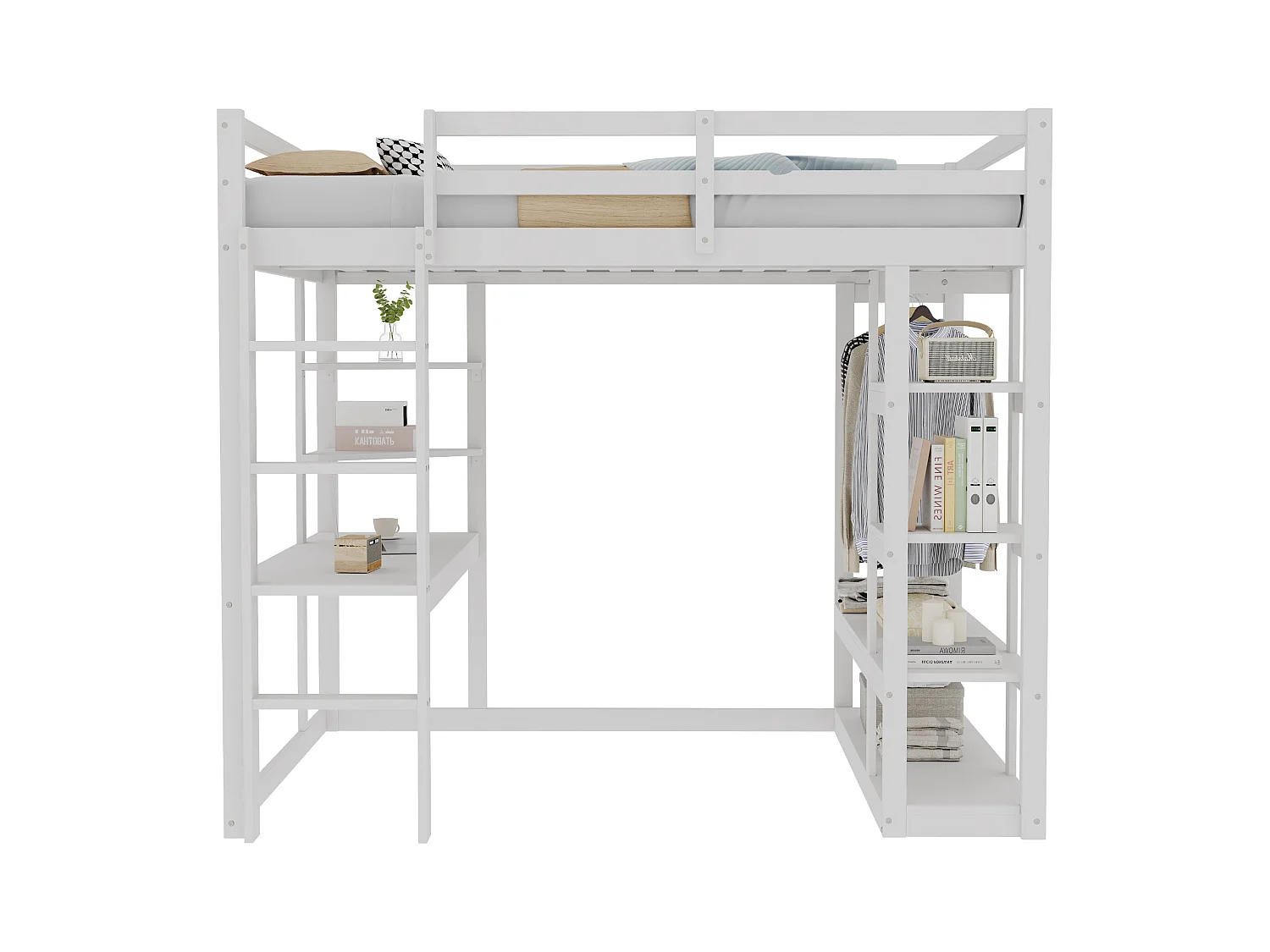 Lit mezzanine enfant - 140 x 200 cm - avec échelle + table + étagères + cintres - bois + MDF - blanc