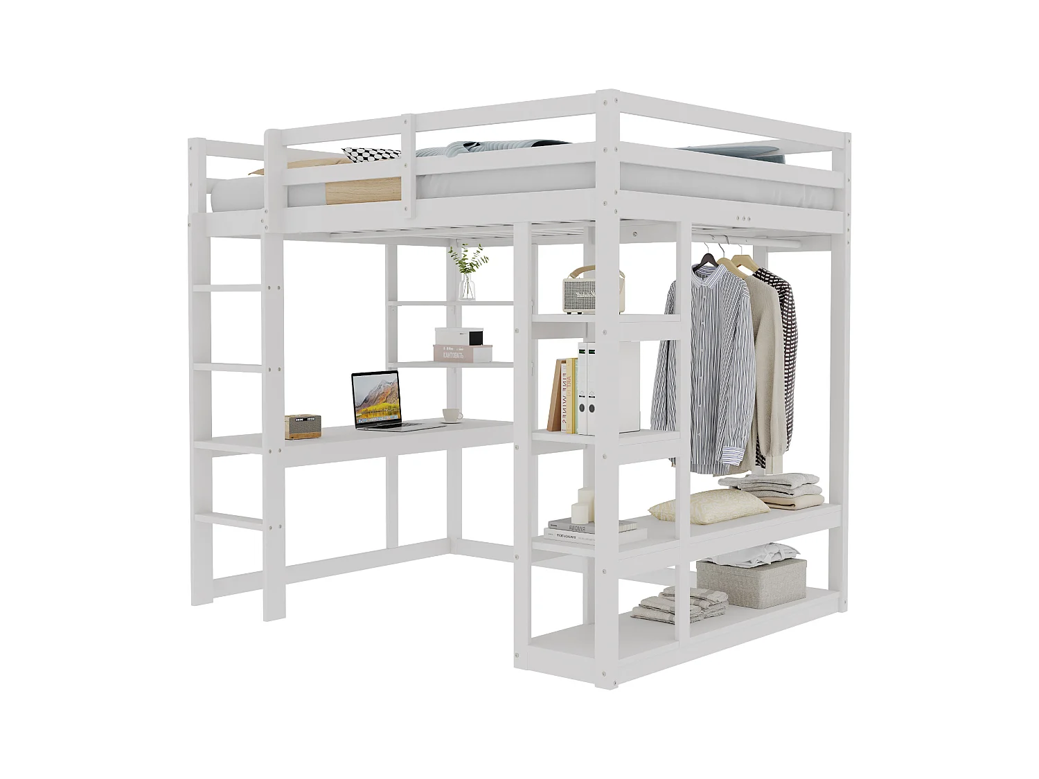 Lit mezzanine enfant - 140 x 200 cm - avec échelle + table + étagères + cintres - bois + MDF - blanc