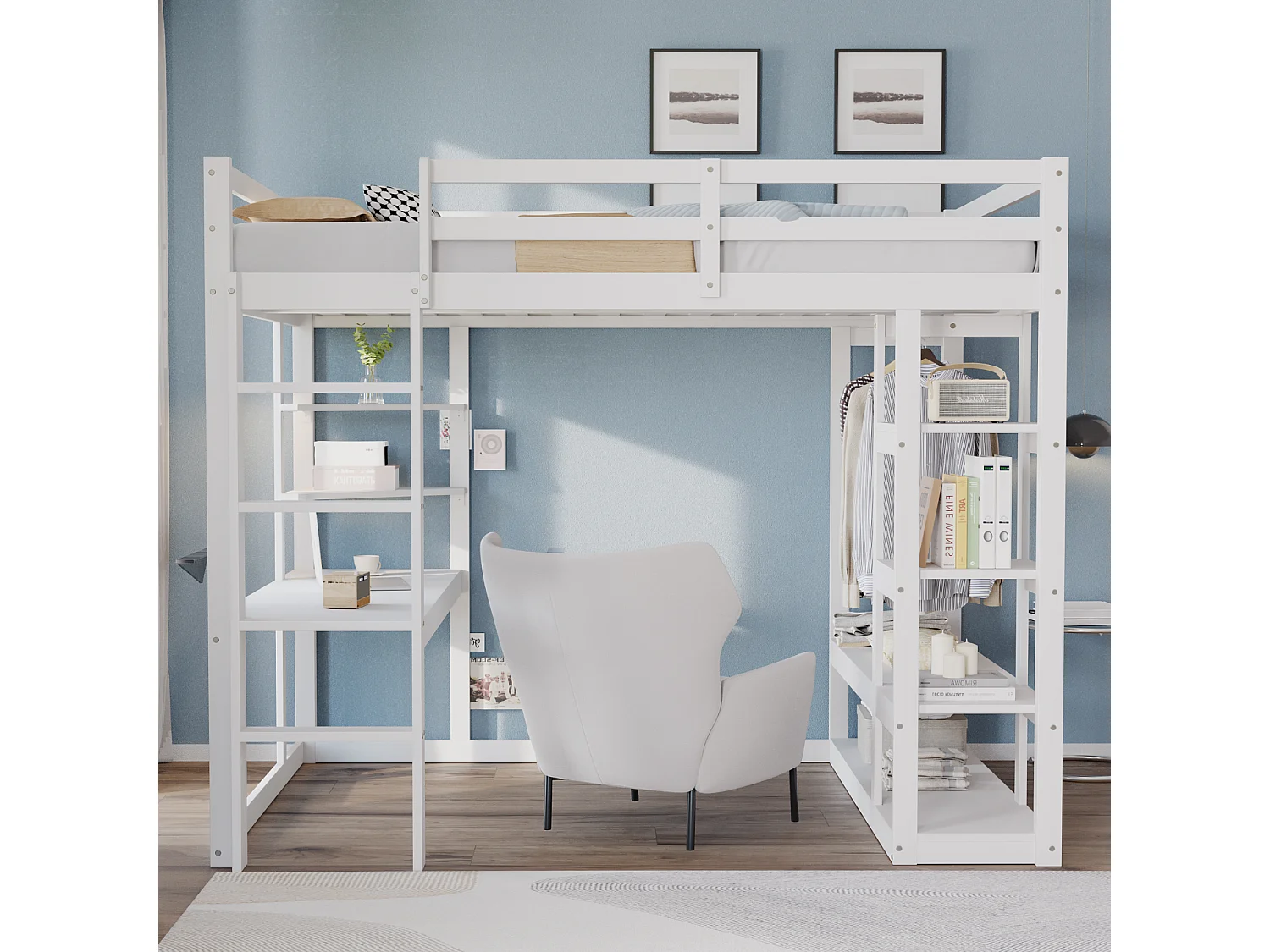 Lit mezzanine enfant - 140 x 200 cm - avec échelle + table + étagères + cintres - bois + MDF - blanc