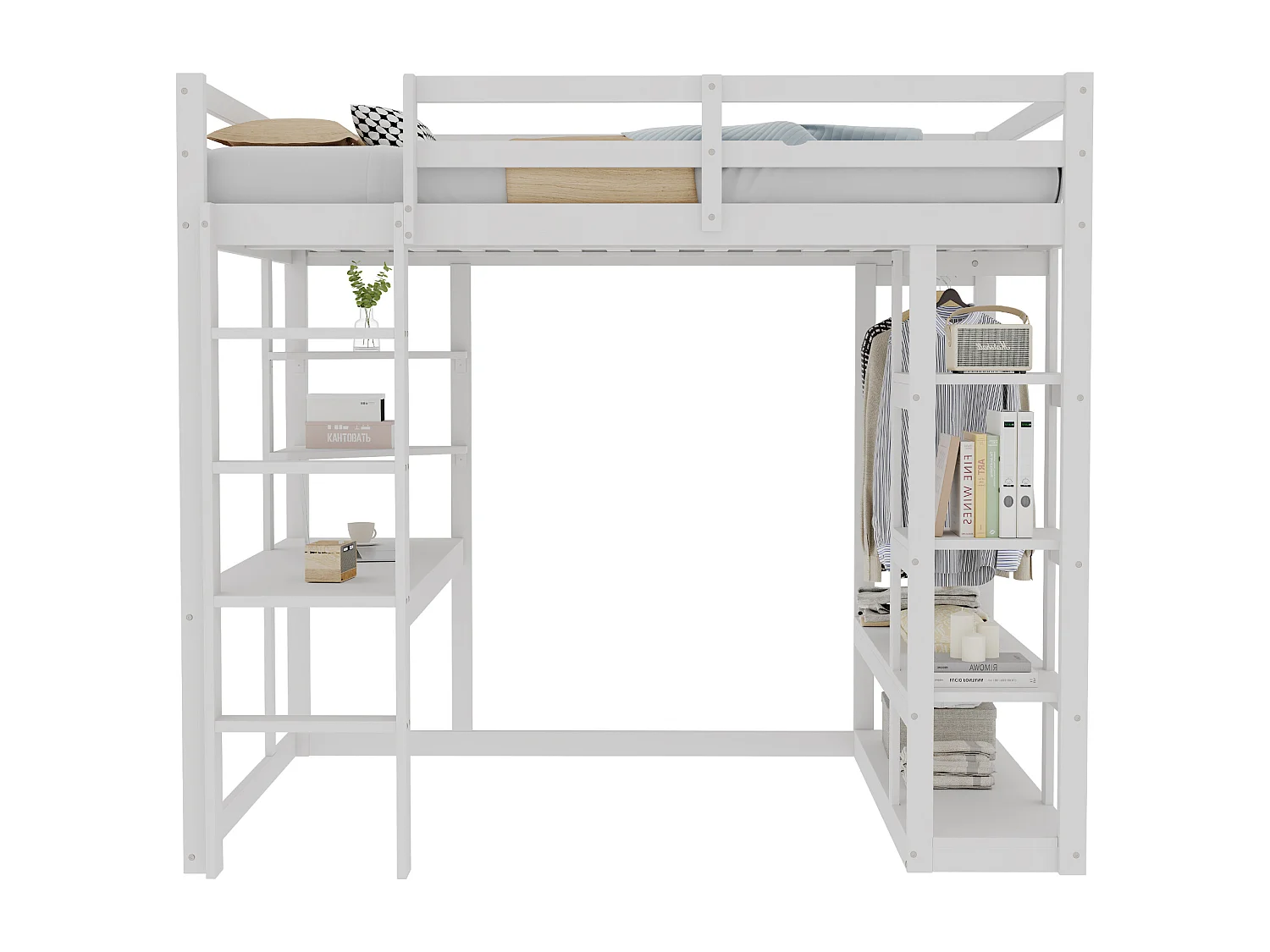 Lit mezzanine enfant - 140 x 200 cm - avec échelle + table + étagères + cintres - bois + MDF - blanc