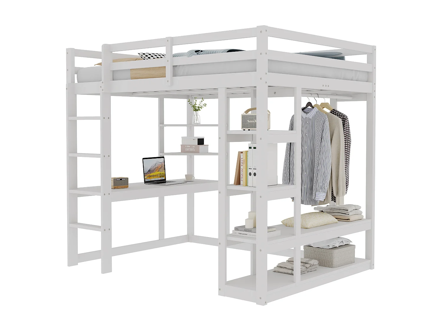 Lit mezzanine enfant - 140 x 200 cm - avec échelle + table + étagères + cintres - bois + MDF - blanc