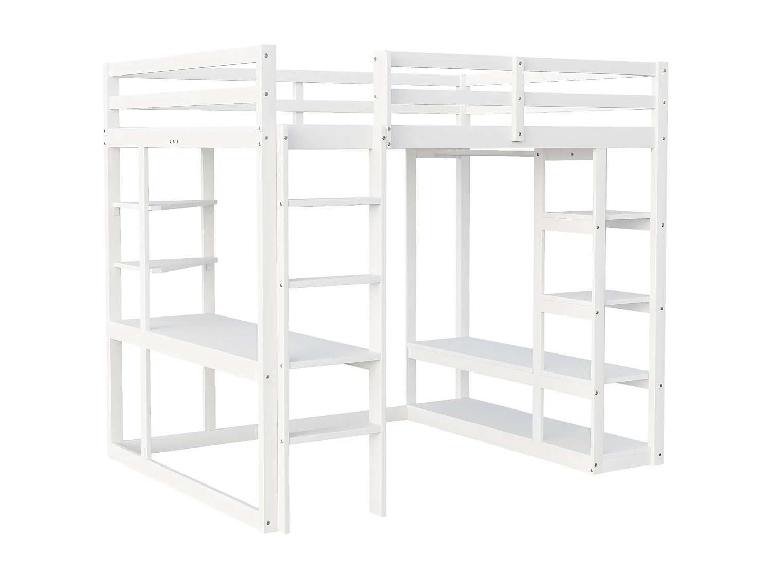 Lit mezzanine enfant - 140 x 200 cm - avec échelle + table + étagères + cintres - bois + MDF - blanc