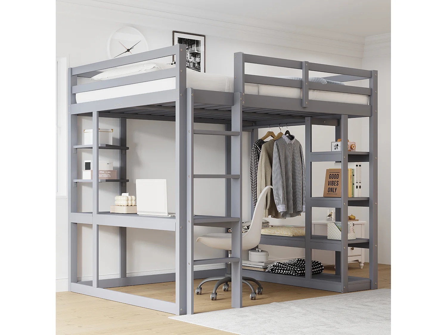 Lit mezzanine enfant - 140 x 200 cm - avec échelle + table + étagères + cintres - bois + MDF - gris