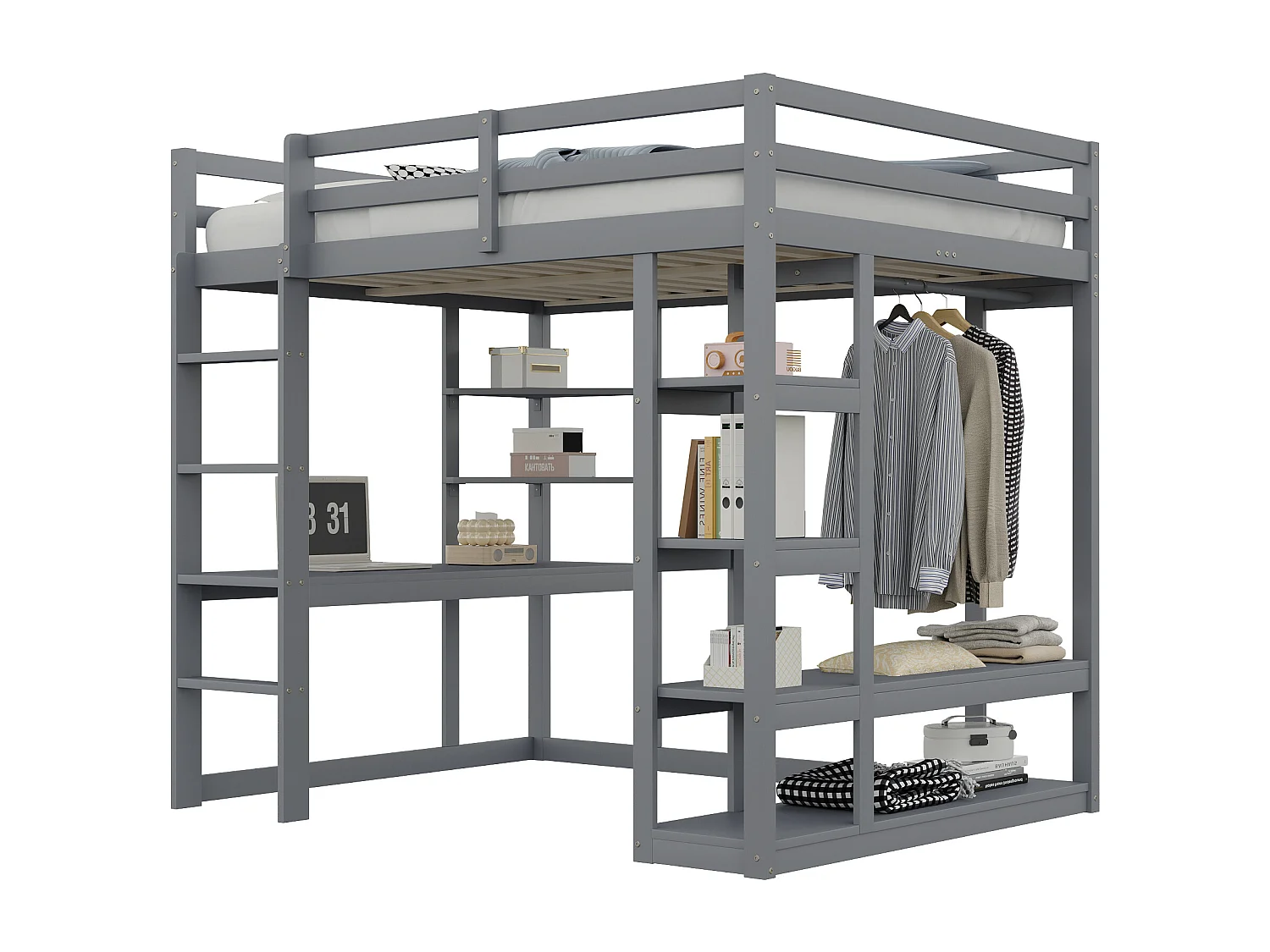 Lit mezzanine enfant - 140 x 200 cm - avec échelle + table + étagères + cintres - bois + MDF - gris