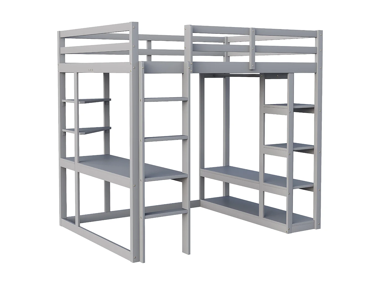 Lit mezzanine enfant - 140 x 200 cm - avec échelle + table + étagères + cintres - bois + MDF - gris