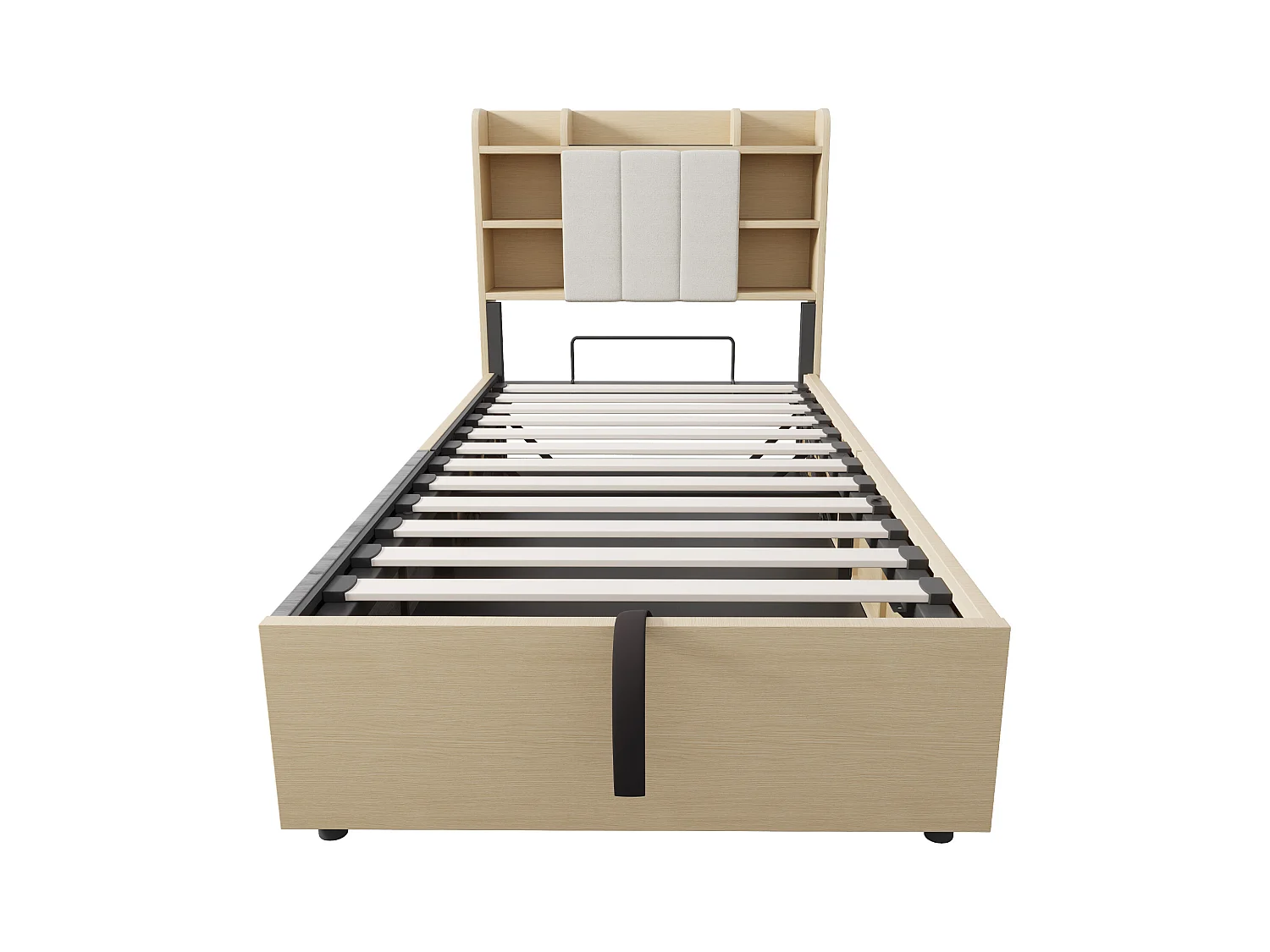 Lit coffre pou enfant - 90 x 200 cm - tête de lit avec rangement - avec USB + Type-C - MDF - naturel clair