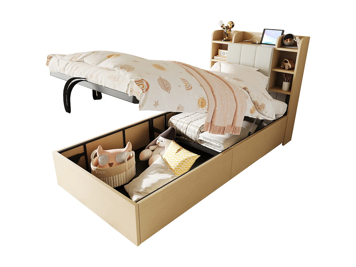 Lit coffre pou enfant - 90 x 200 cm - tête de lit avec rangement - avec USB + Type-C - MDF - naturel clair