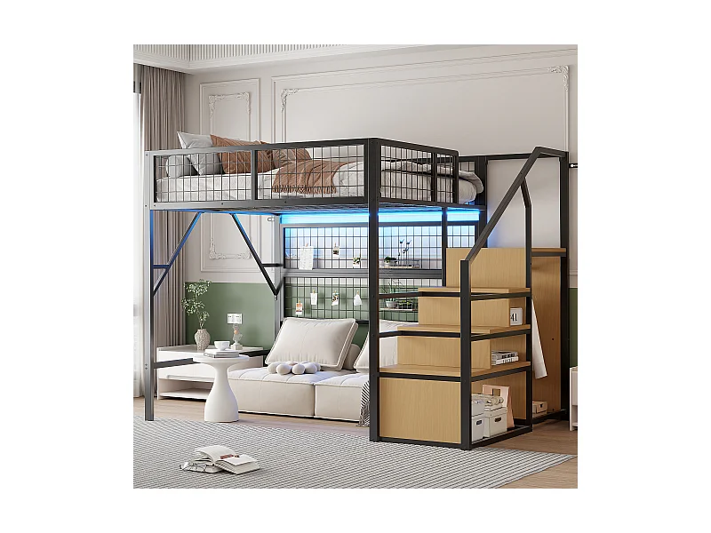 Lit mezzanine enfant en métal - 140 x 200 cm - avec armoire + Leds + rangements dans l'escalier - MDF + Métal - noir