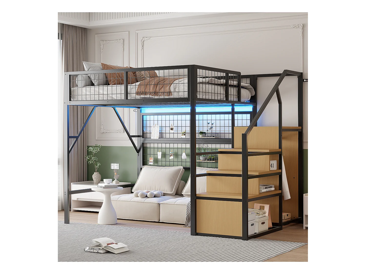 Kinder-Hochbett aus Metall - 140 x 200 cm - mit Kleiderschrank + LEDs + Stauraum in der Treppe - MDF + Metall - schwarz