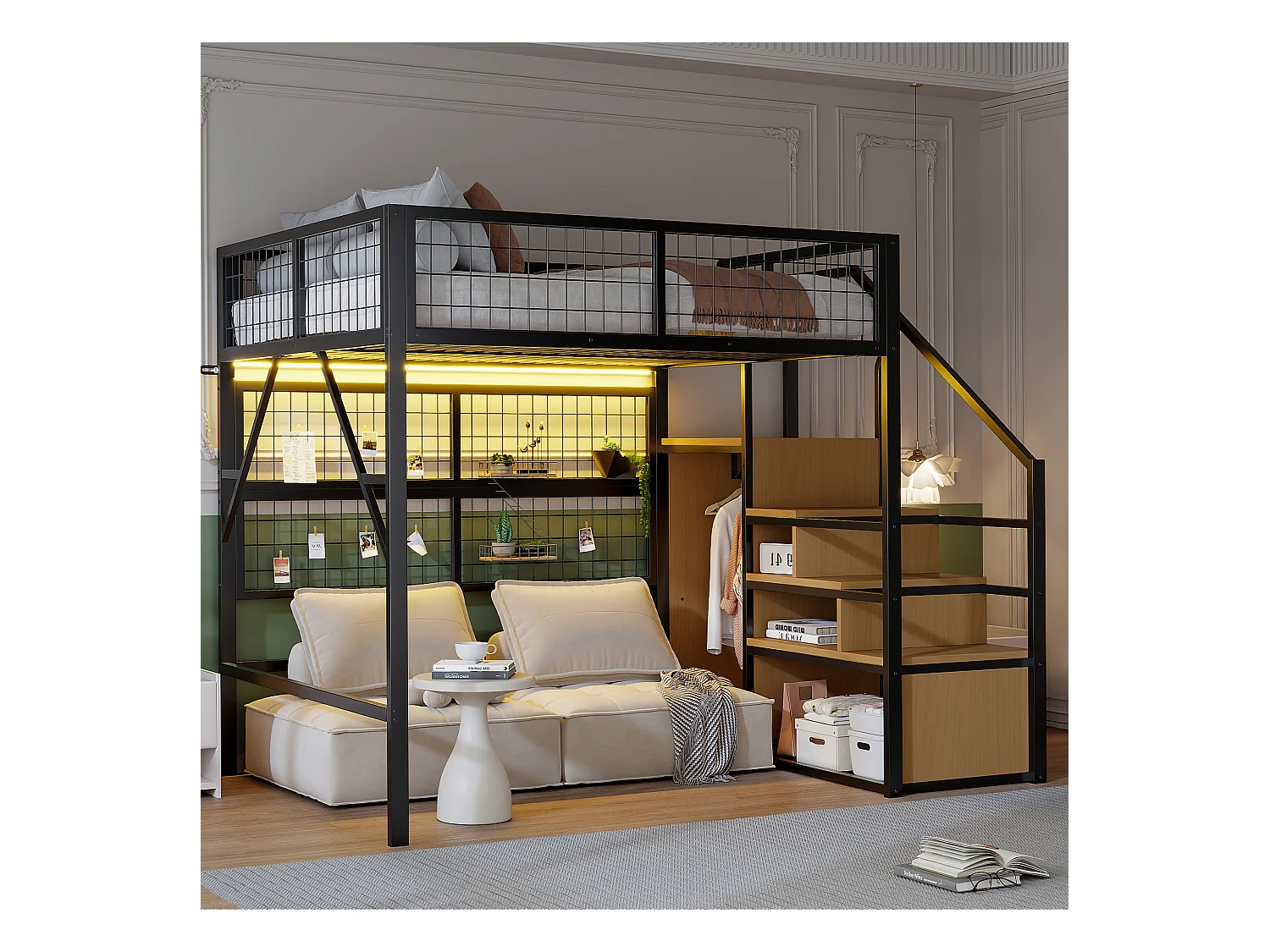 Kinder-Hochbett aus Metall - 140 x 200 cm - mit Kleiderschrank + LEDs + Stauraum in der Treppe - MDF + Metall - schwarz