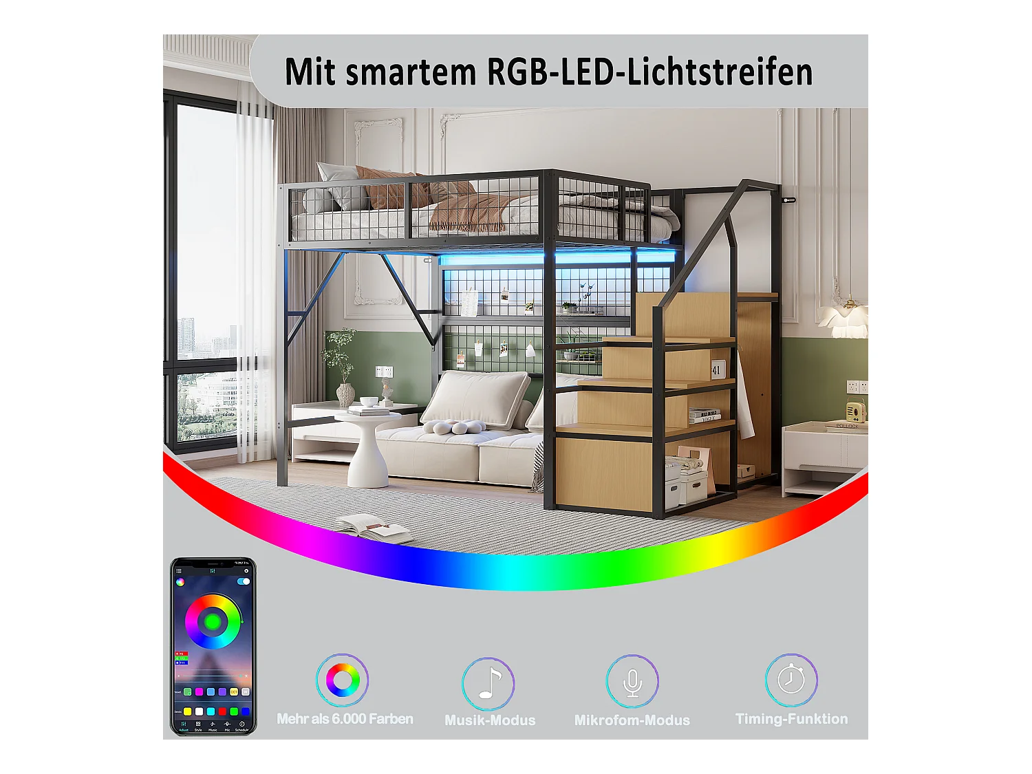 Kinder-Hochbett aus Metall - 140 x 200 cm - mit Kleiderschrank + LEDs + Stauraum in der Treppe - MDF + Metall - schwarz