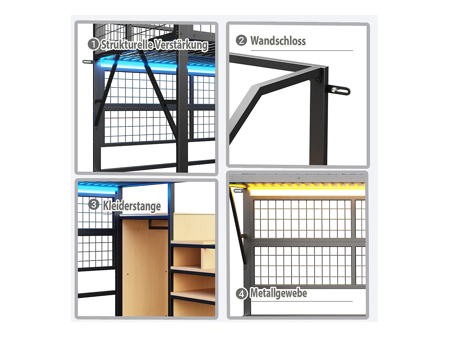 Kinder-Hochbett aus Metall - 140 x 200 cm - mit Kleiderschrank + LEDs + Stauraum in der Treppe - MDF + Metall - schwarz