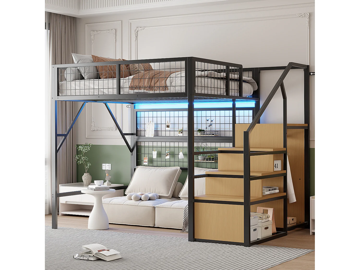Lit mezzanine enfant en métal - 140 x 200 cm - avec armoire + Leds + rangements dans l'escalier - MDF + Métal - noir