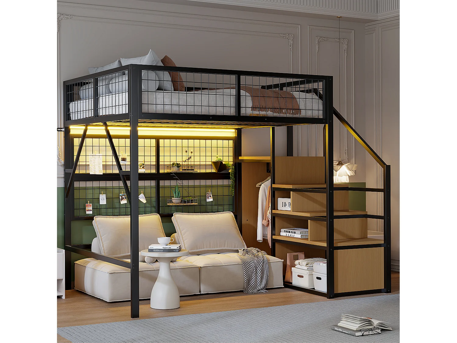 Lit mezzanine enfant en métal - 140 x 200 cm - avec armoire + Leds + rangements dans l'escalier - MDF + Métal - noir