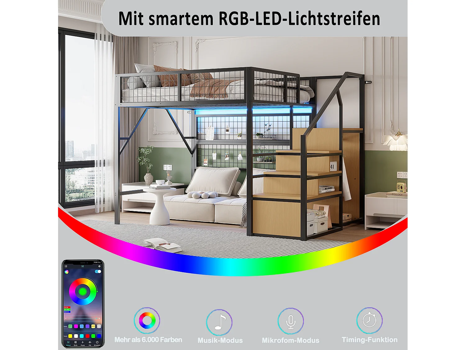 Lit mezzanine enfant en métal - 140 x 200 cm - avec armoire + Leds + rangements dans l'escalier - MDF + Métal - noir