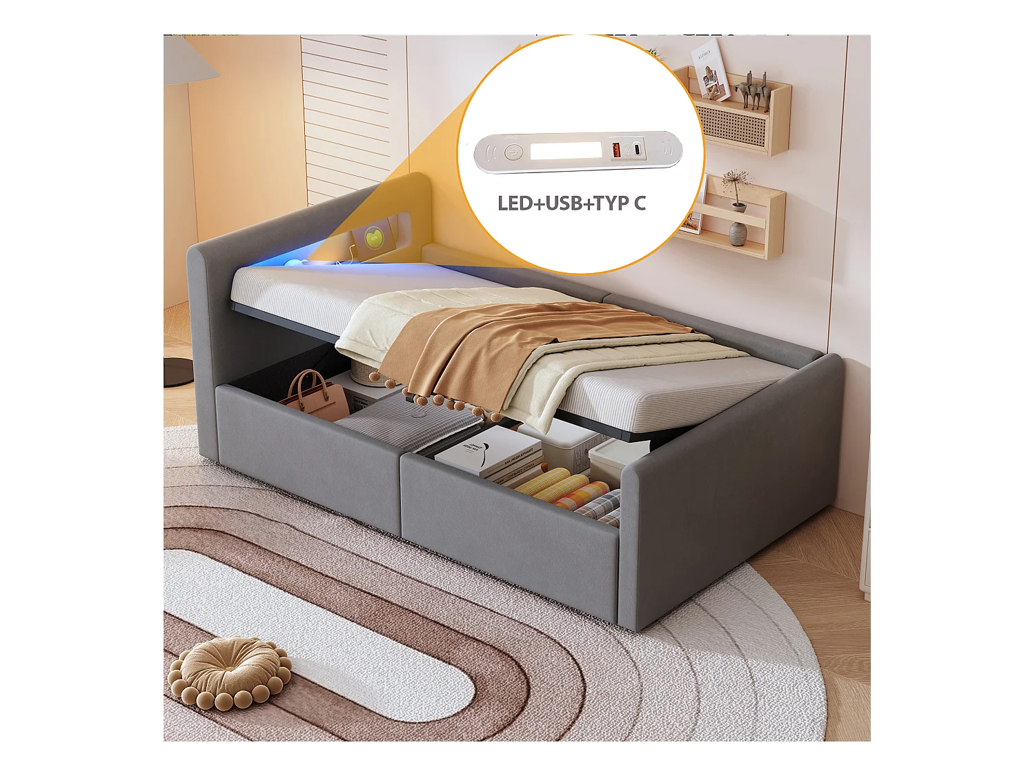 Lit coffre enfant rembourré - 90 x 200 cm - avec Leds + USB - tête de lit avec étagère - velours + MDF - gris clair