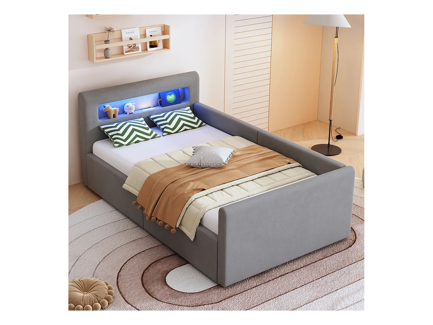 Lit coffre enfant rembourré - 90 x 200 cm - avec Leds + USB - tête de lit avec étagère - velours + MDF - gris clair