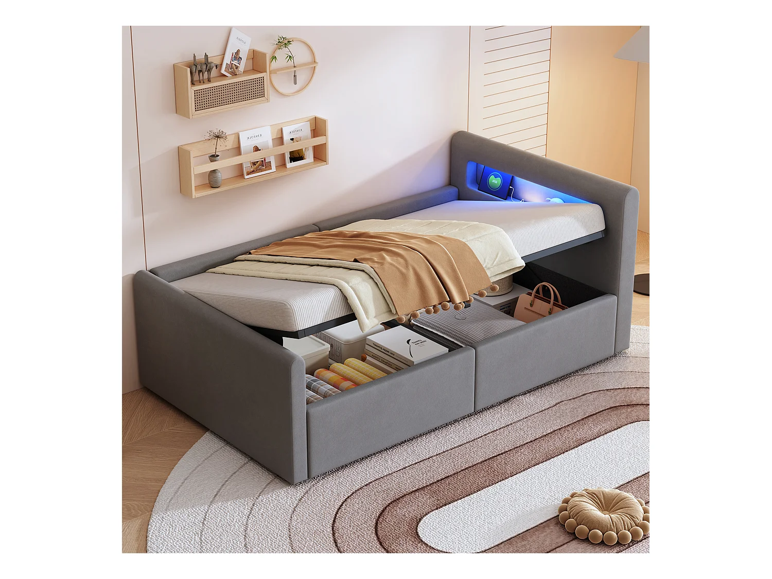 Lit coffre enfant rembourré - 90 x 200 cm - avec Leds + USB - tête de lit avec étagère - velours + MDF - gris clair