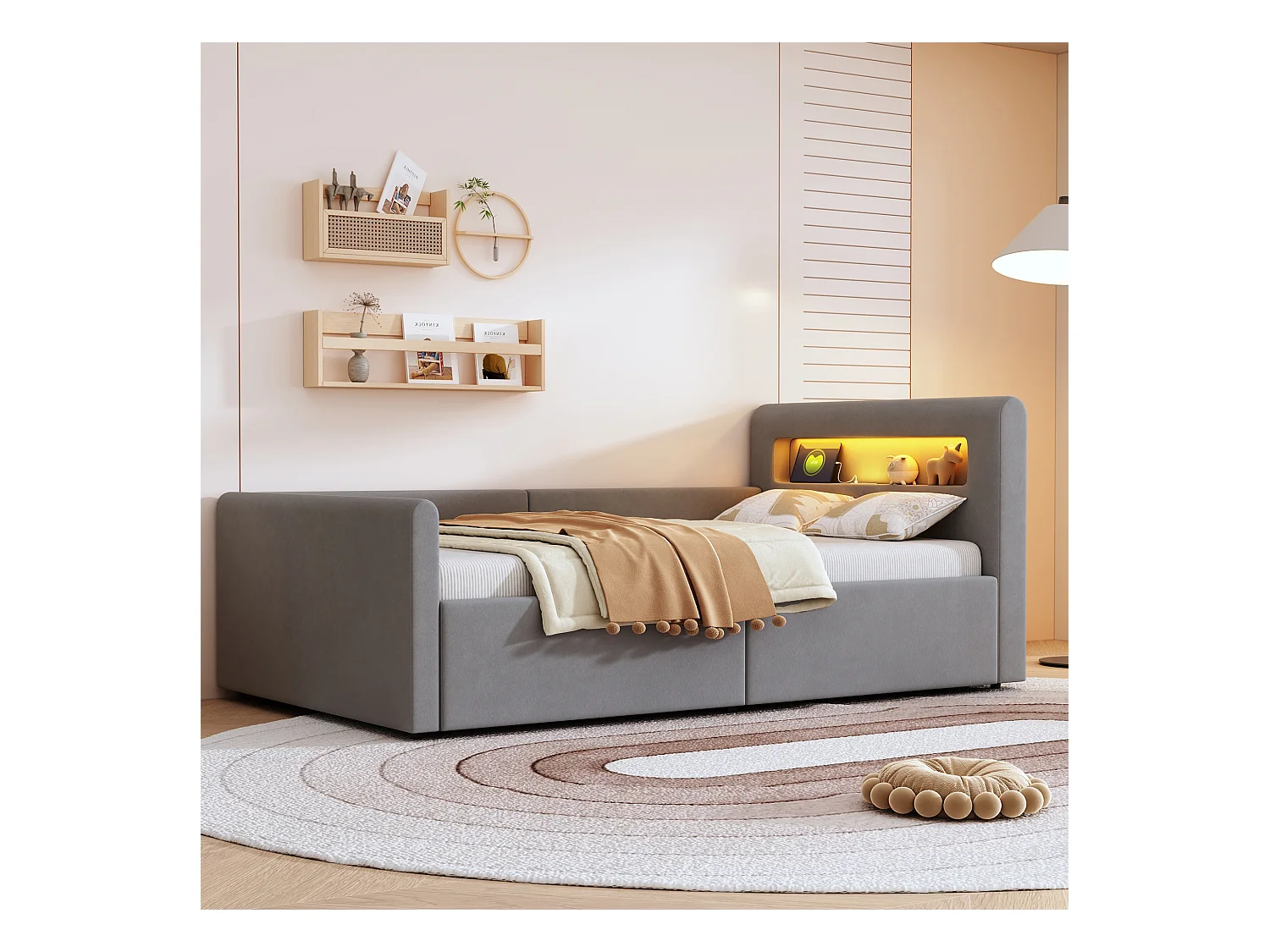 Lit coffre enfant rembourré - 90 x 200 cm - avec Leds + USB - tête de lit avec étagère - velours + MDF - gris clair