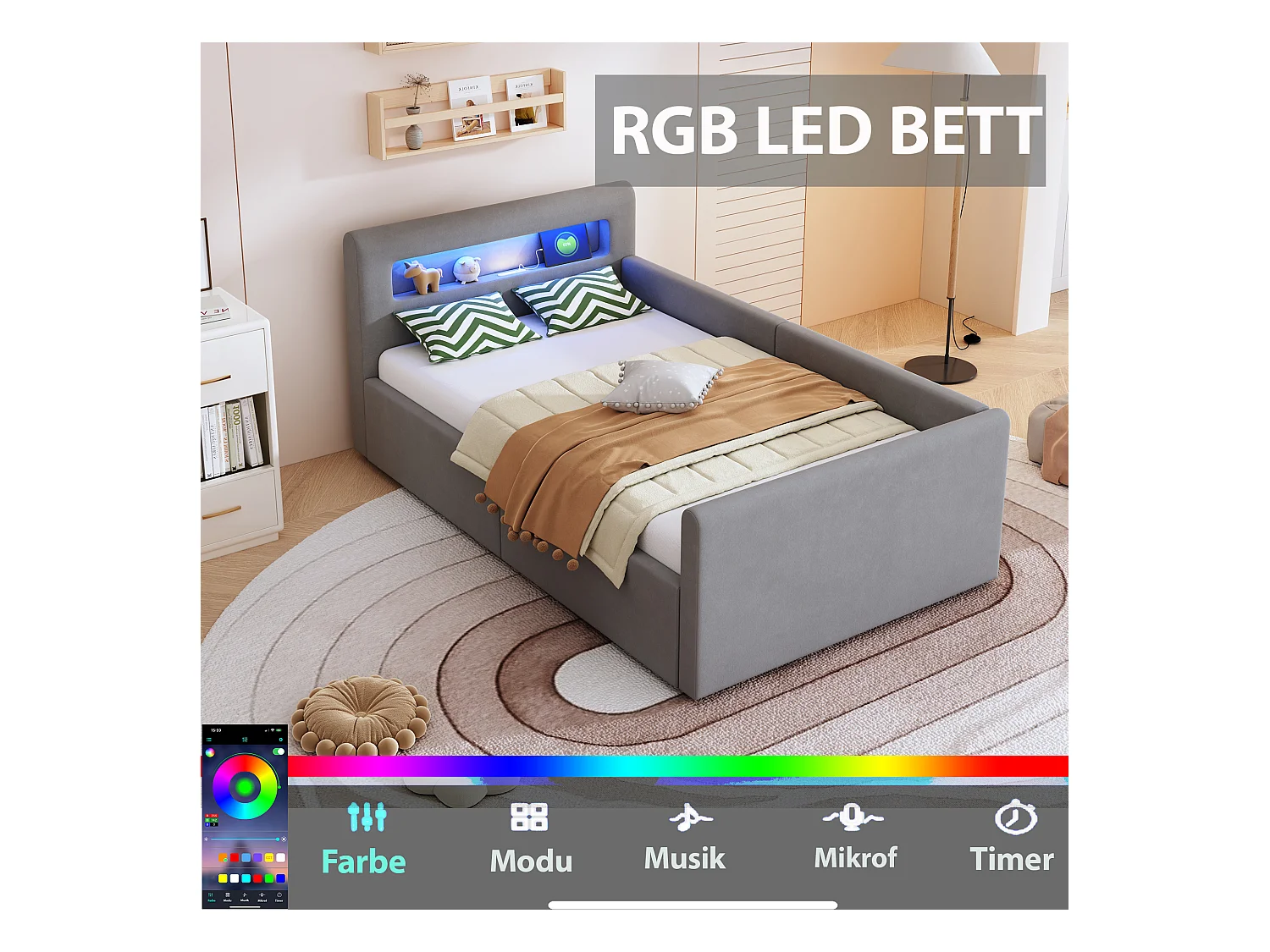 Lit coffre enfant rembourré - 90 x 200 cm - avec Leds + USB - tête de lit avec étagère - velours + MDF - gris clair
