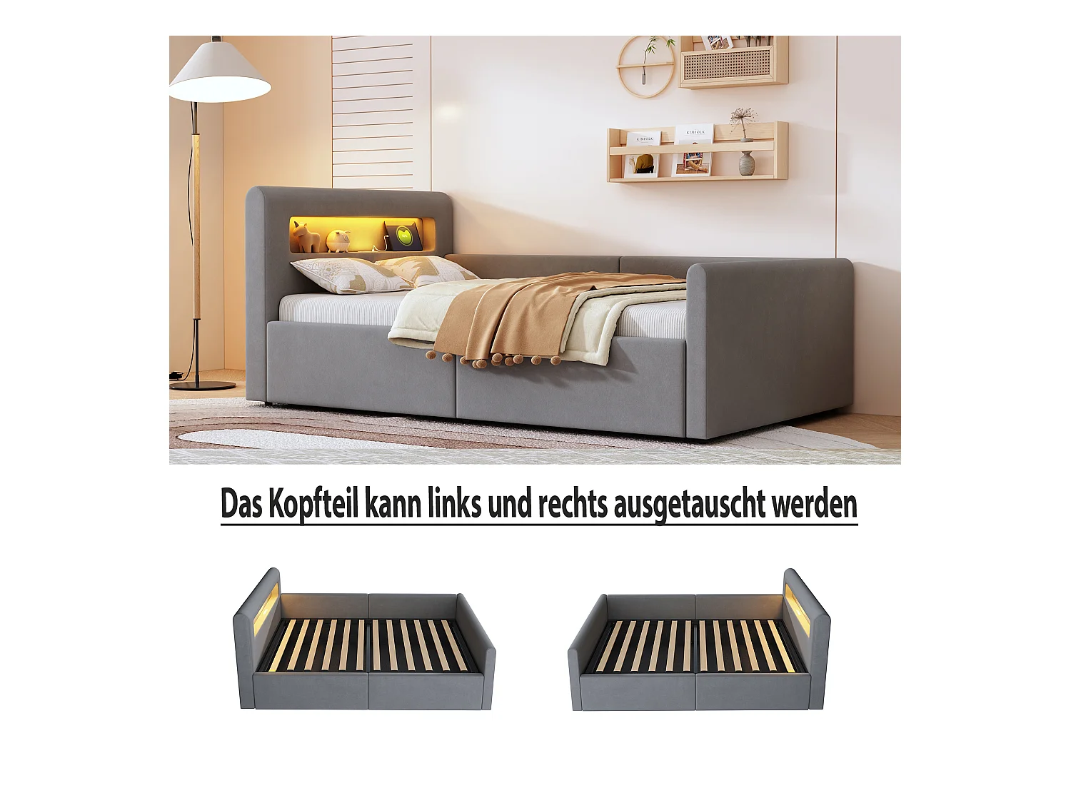 Lit coffre enfant rembourré - 90 x 200 cm - avec Leds + USB - tête de lit avec étagère - velours + MDF - gris clair