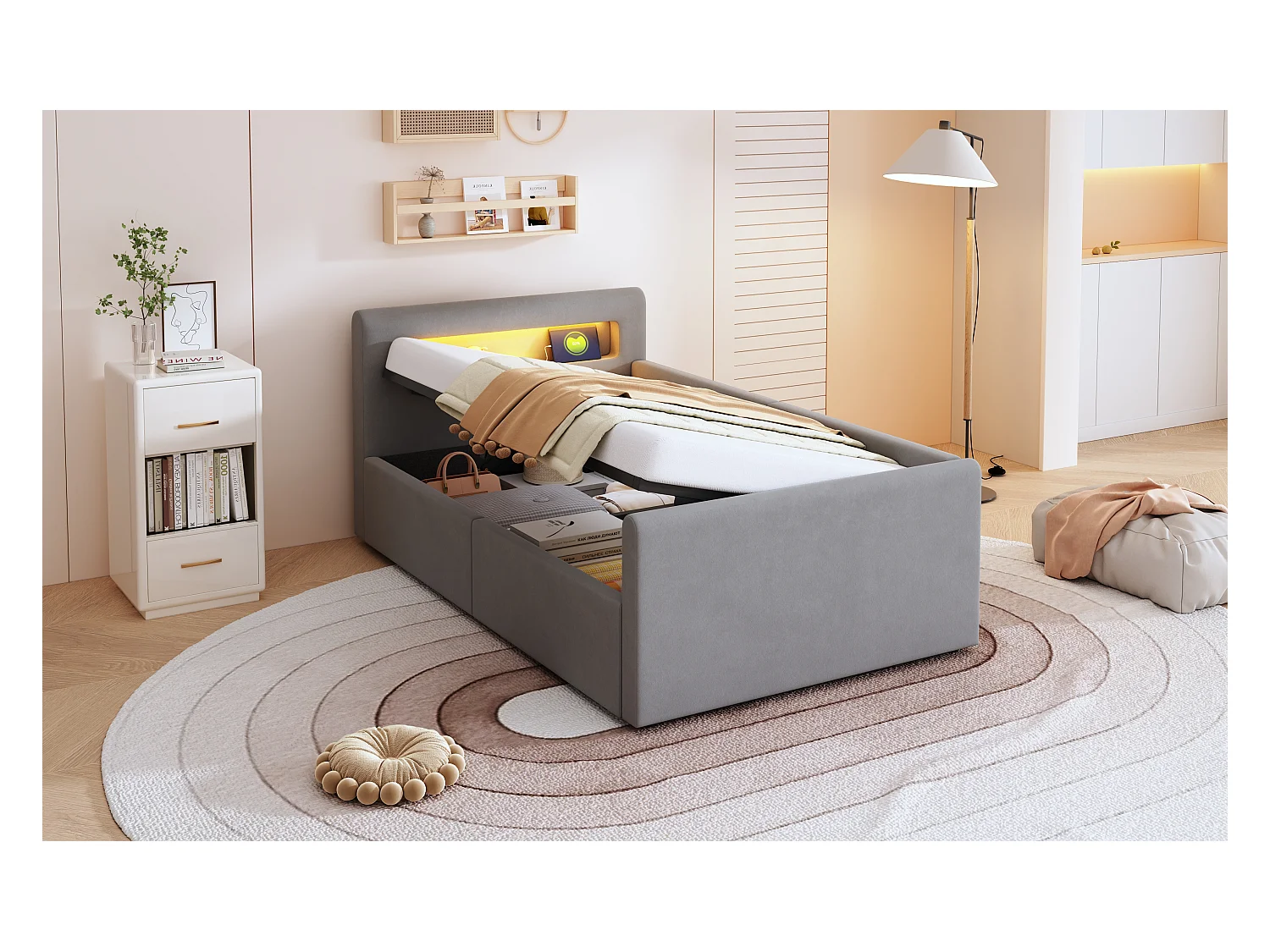 Lit coffre enfant rembourré - 90 x 200 cm - avec Leds + USB - tête de lit avec étagère - velours + MDF - gris clair