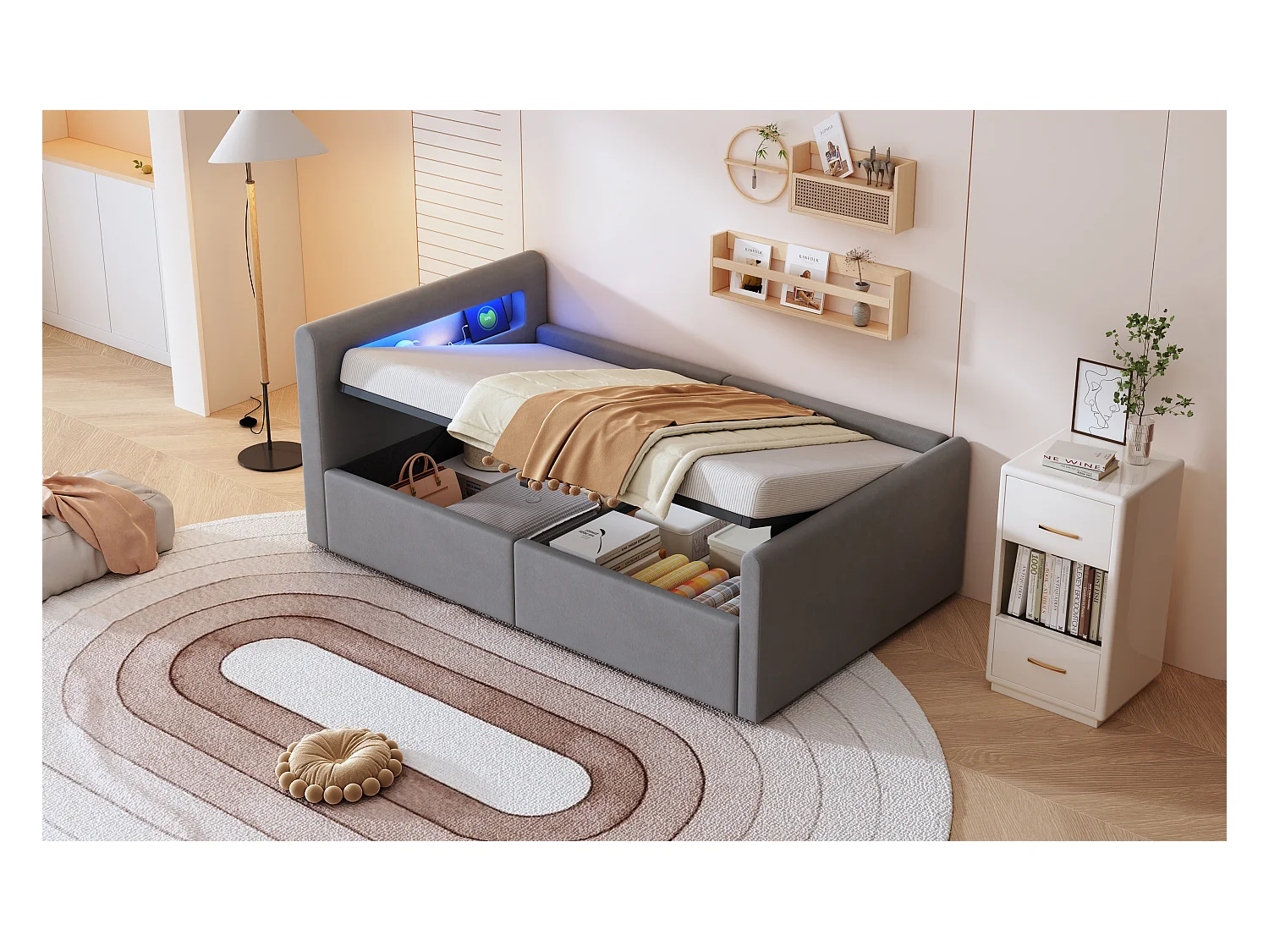 Lit coffre enfant rembourré - 90 x 200 cm - avec Leds + USB - tête de lit avec étagère - velours + MDF - gris clair