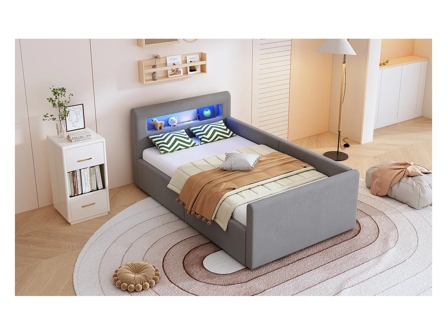 Lit coffre enfant rembourré - 90 x 200 cm - avec Leds + USB - tête de lit avec étagère - velours + MDF - gris clair