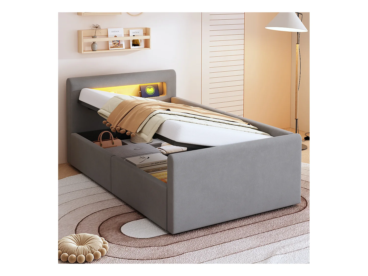 Gepolstertes Kinderbett mit Stauraum - 90 x 200 cm - mit LEDs + USB - Kopfteil mit Ablage - Samt + MDF - Hellgrau