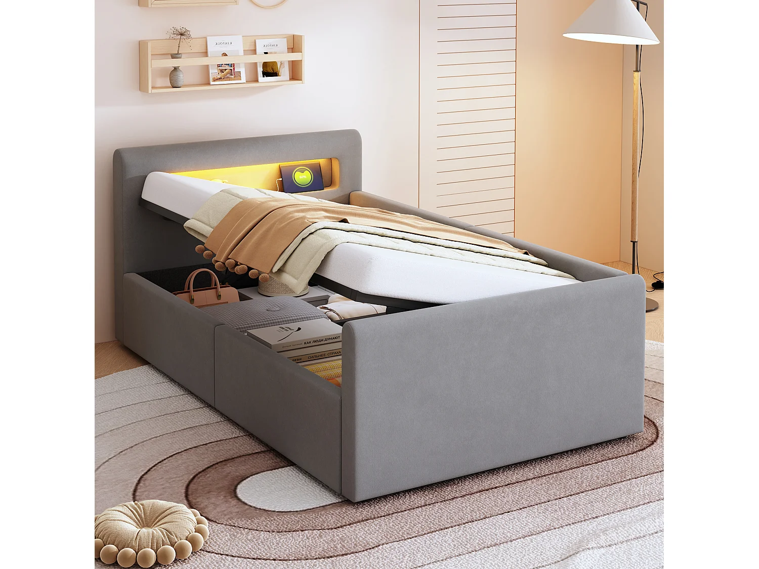 Cama infantil tapizada con canapé - 90 x 200 cm - con LED + USB - cabecero con estante - terciopelo + MDF - gris claro