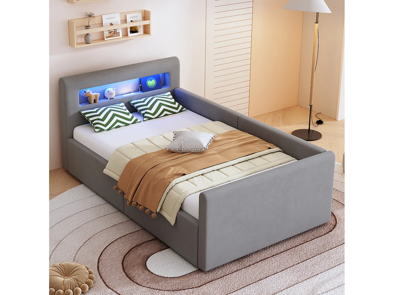 Cama infantil tapizada con canapé - 90 x 200 cm - con LED + USB - cabecero con estante - terciopelo + MDF - gris claro