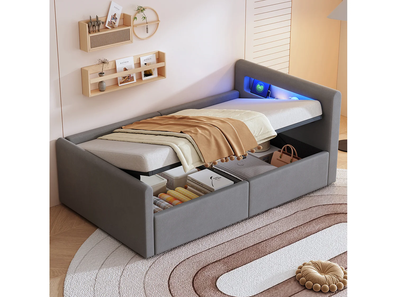 Cama infantil tapizada con canapé - 90 x 200 cm - con LED + USB - cabecero con estante - terciopelo + MDF - gris claro