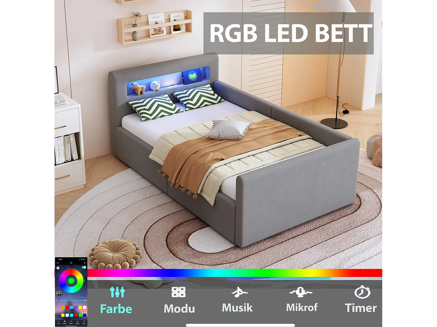 Cama infantil tapizada con canapé - 90 x 200 cm - con LED + USB - cabecero con estante - terciopelo + MDF - gris claro