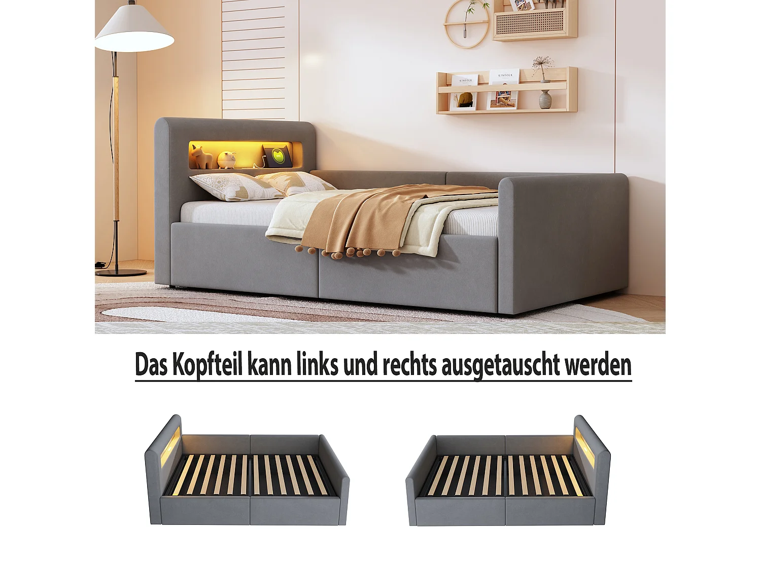 Cama infantil tapizada con canapé - 90 x 200 cm - con LED + USB - cabecero con estante - terciopelo + MDF - gris claro