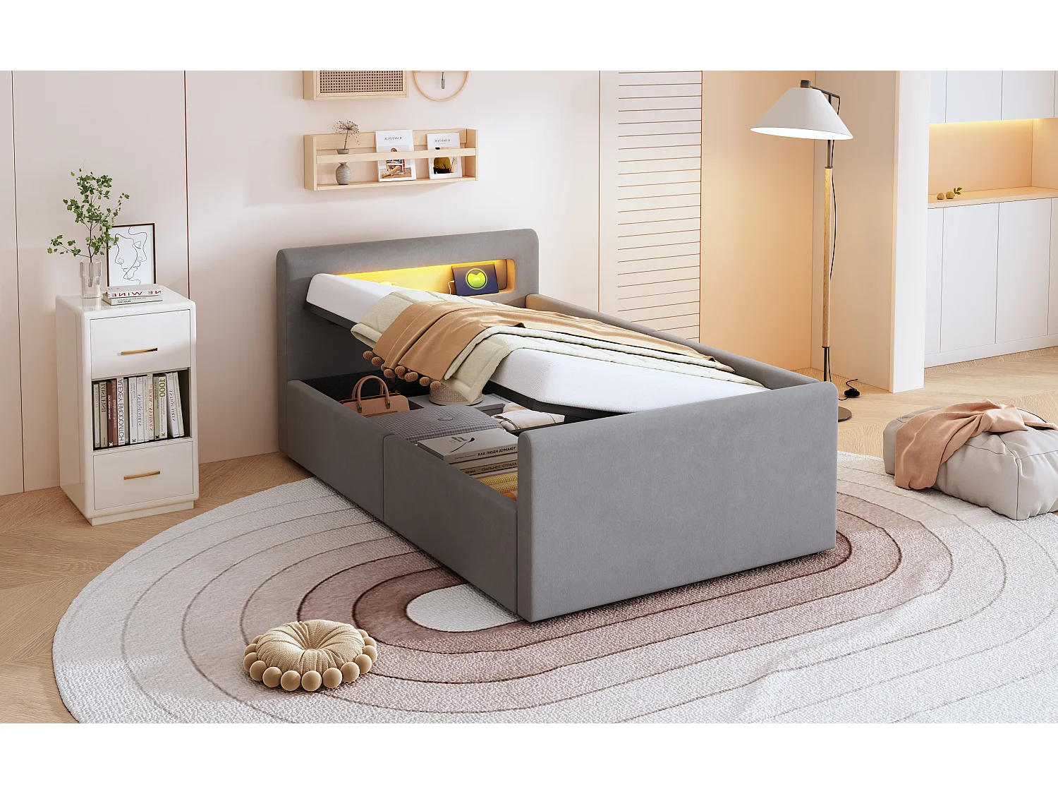 Cama infantil tapizada con canapé - 90 x 200 cm - con LED + USB - cabecero con estante - terciopelo + MDF - gris claro