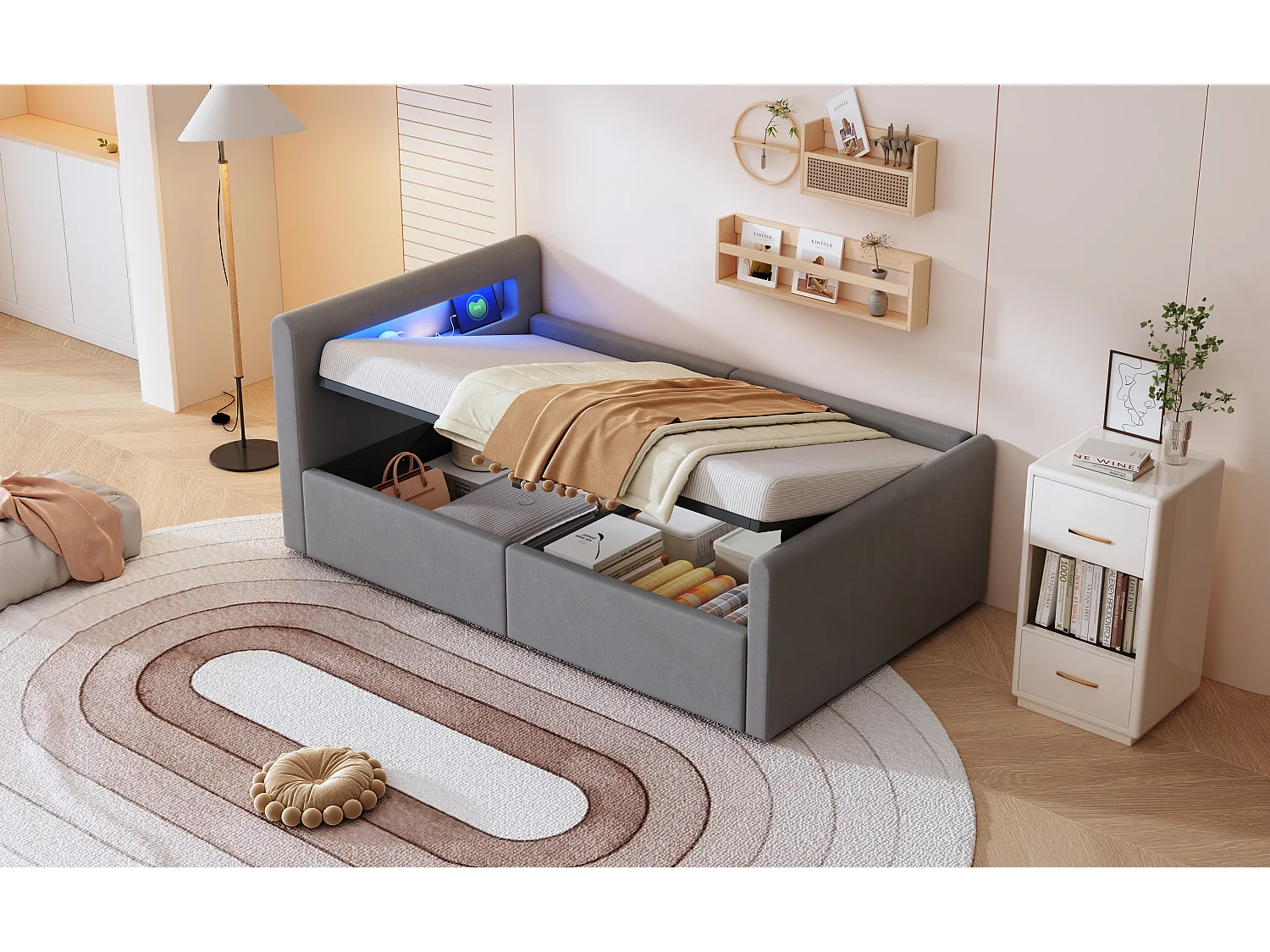 Cama infantil tapizada con canapé - 90 x 200 cm - con LED + USB - cabecero con estante - terciopelo + MDF - gris claro