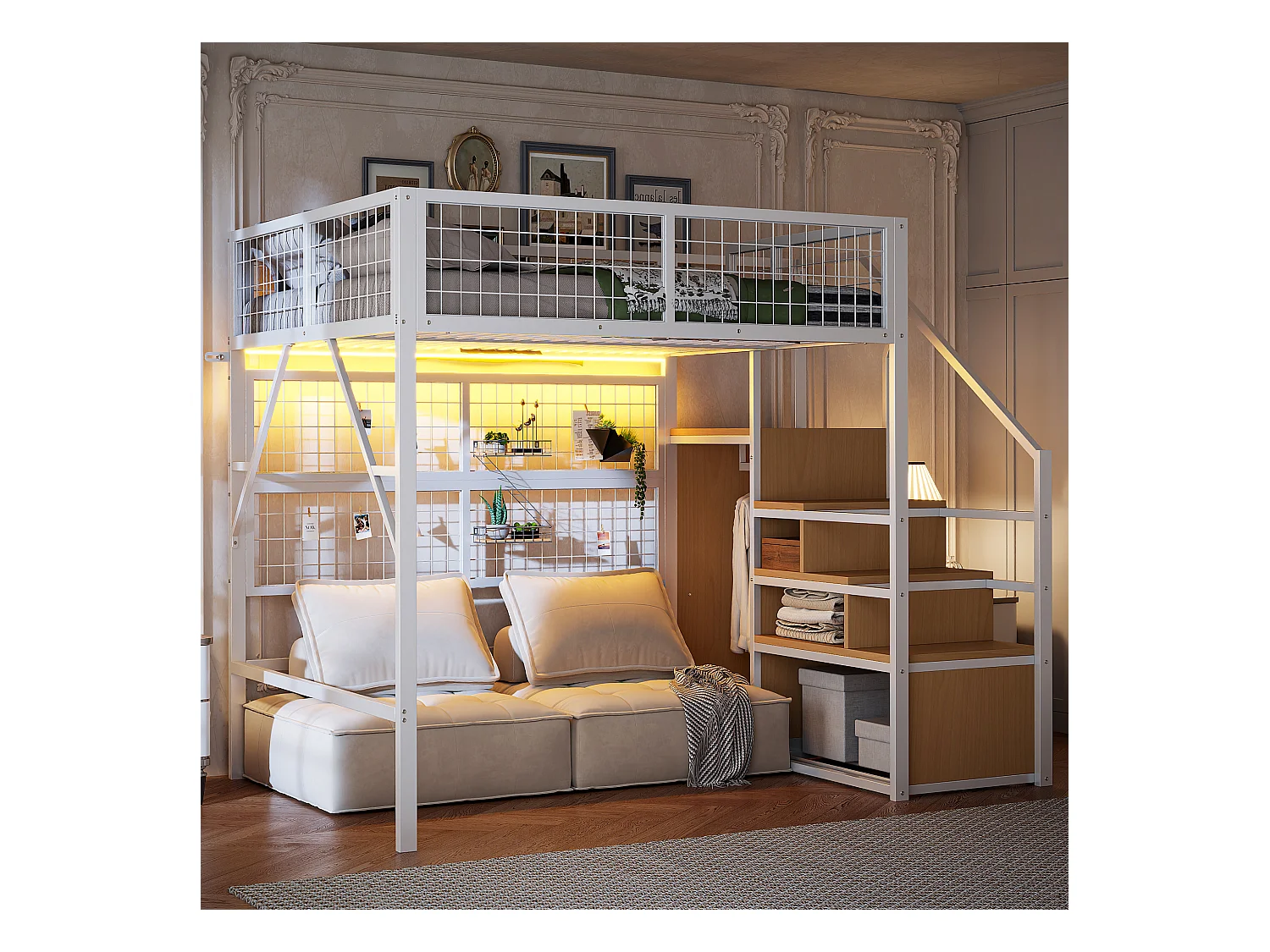 Lit mezzanine enfant en métal - 140 x 200 cm - avec armoire + Leds + rangements dans l'escalier - MDF + Métal - blanc