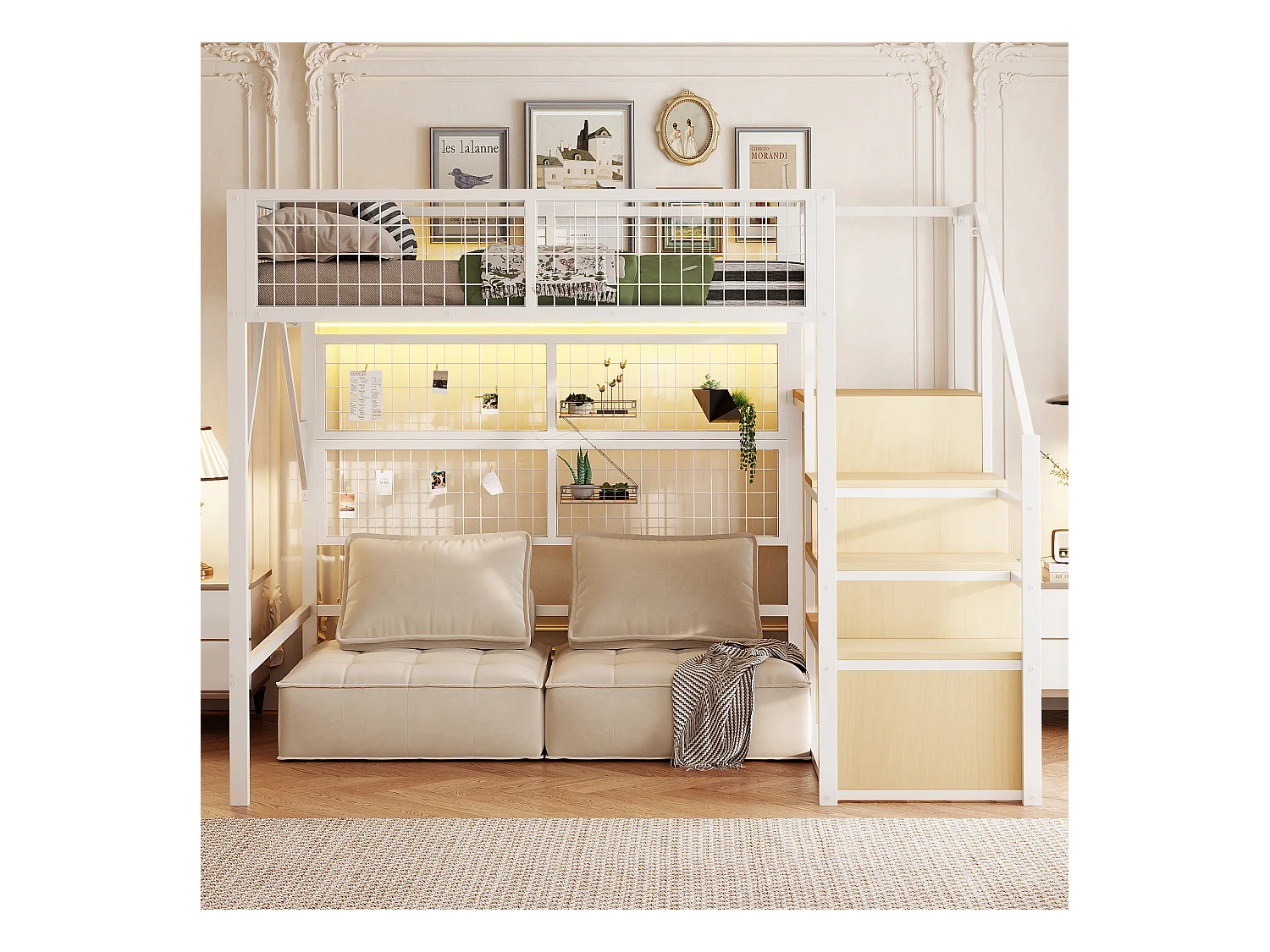 Lit mezzanine enfant en métal - 140 x 200 cm - avec armoire + Leds + rangements dans l'escalier - MDF + Métal - blanc