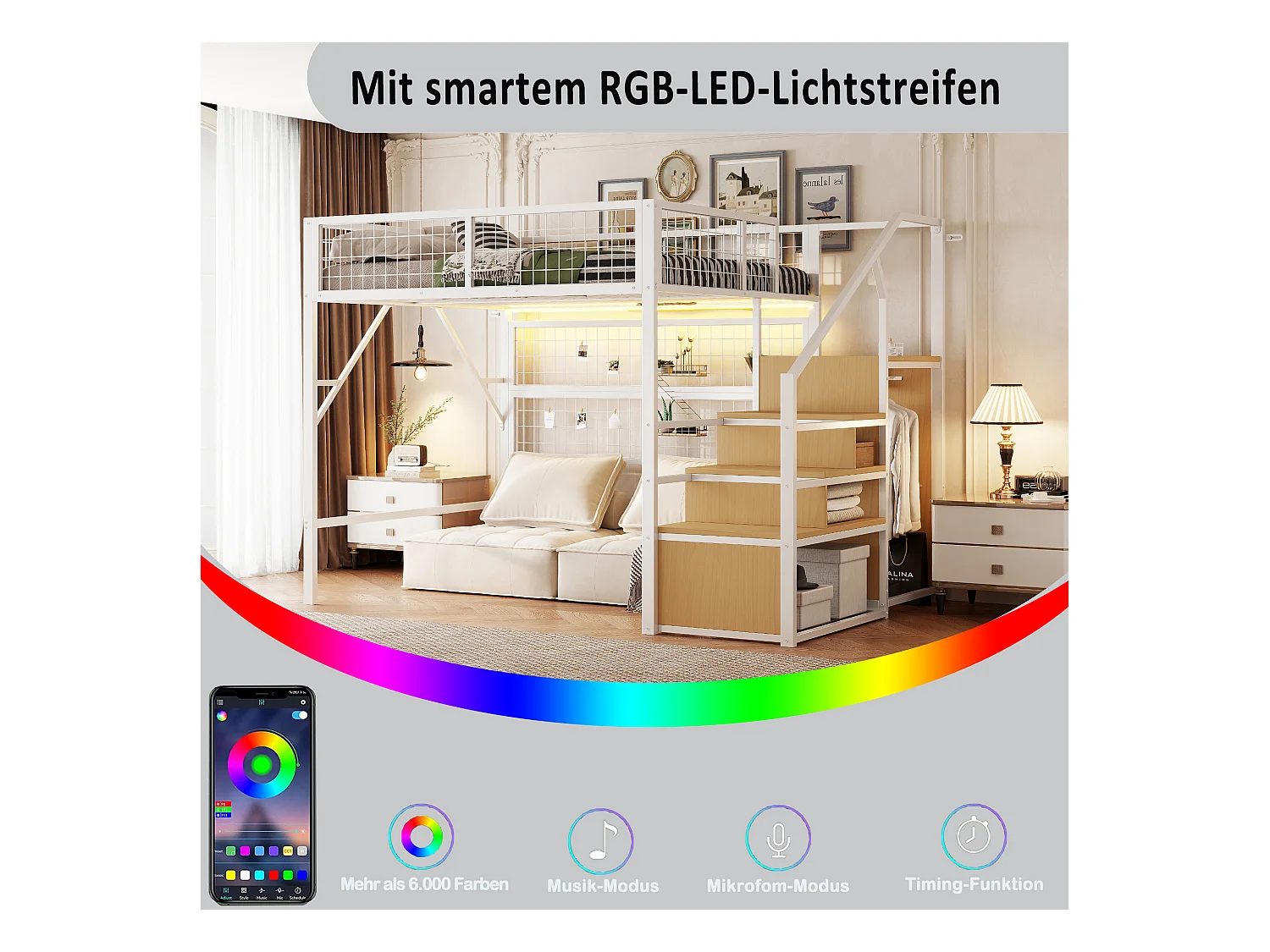 Lit mezzanine enfant en métal - 140 x 200 cm - avec armoire + Leds + rangements dans l'escalier - MDF + Métal - blanc