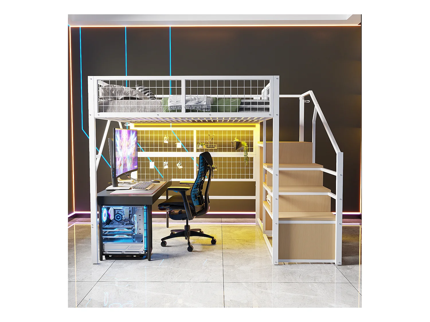 Lit mezzanine enfant en métal - 140 x 200 cm - avec armoire + Leds + rangements dans l'escalier - MDF + Métal - blanc