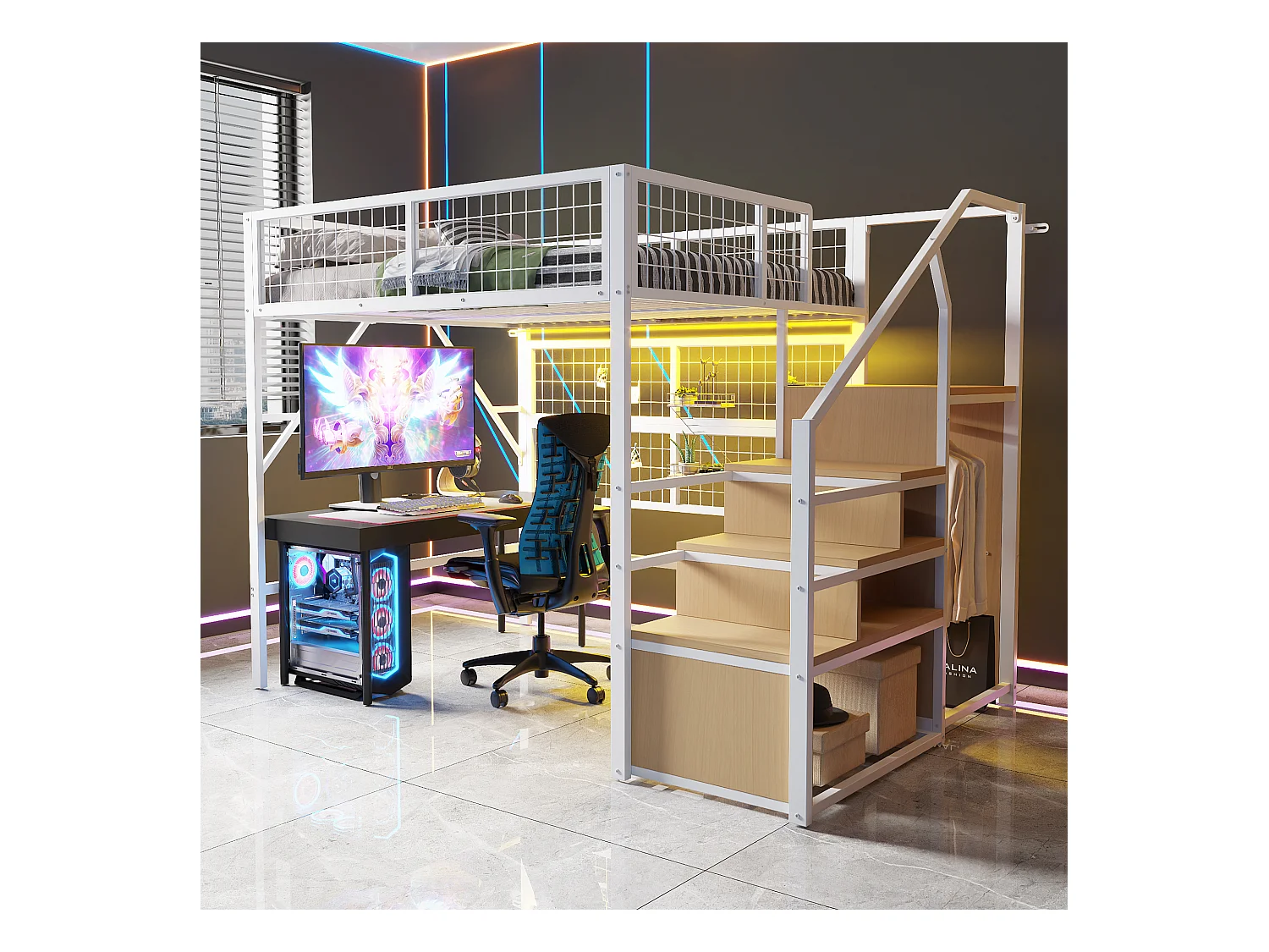 Lit mezzanine enfant en métal - 140 x 200 cm - avec armoire + Leds + rangements dans l'escalier - MDF + Métal - blanc