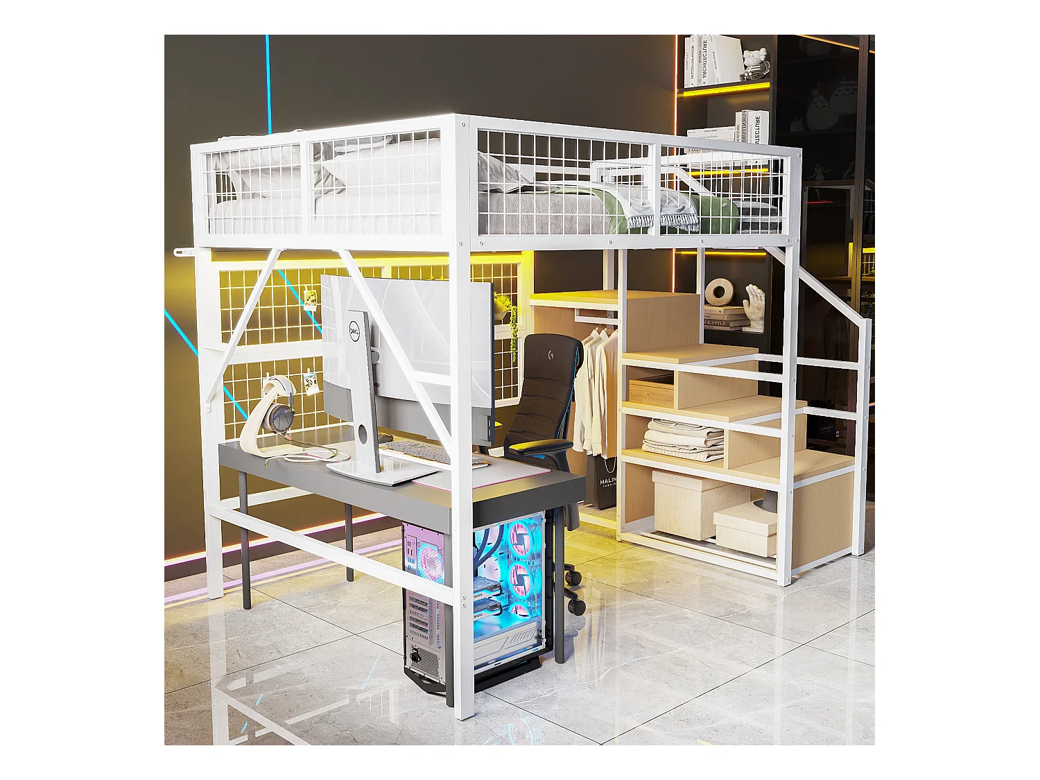 Lit mezzanine enfant en métal - 140 x 200 cm - avec armoire + Leds + rangements dans l'escalier - MDF + Métal - blanc