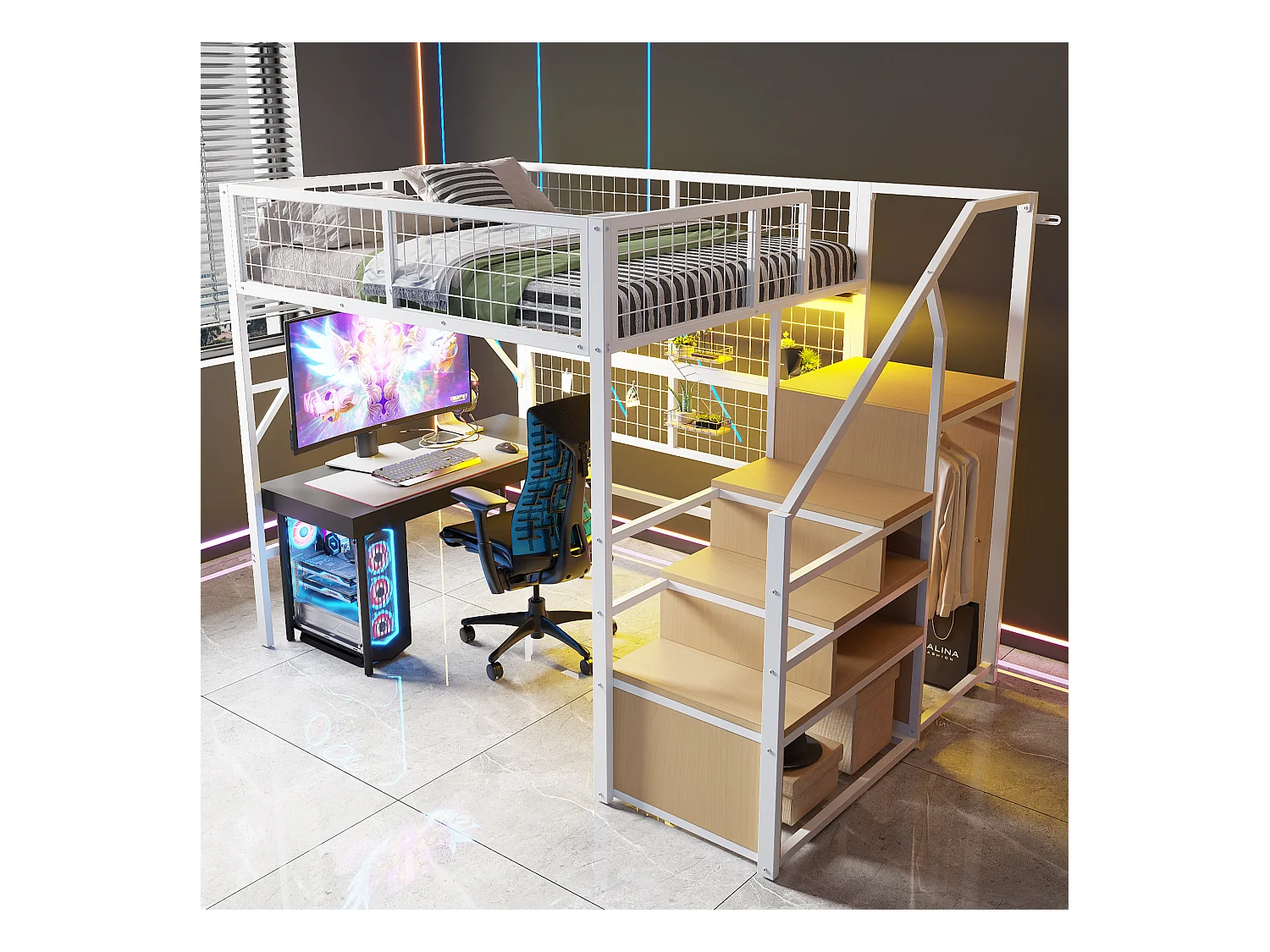 Lit mezzanine enfant en métal - 140 x 200 cm - avec armoire + Leds + rangements dans l'escalier - MDF + Métal - blanc