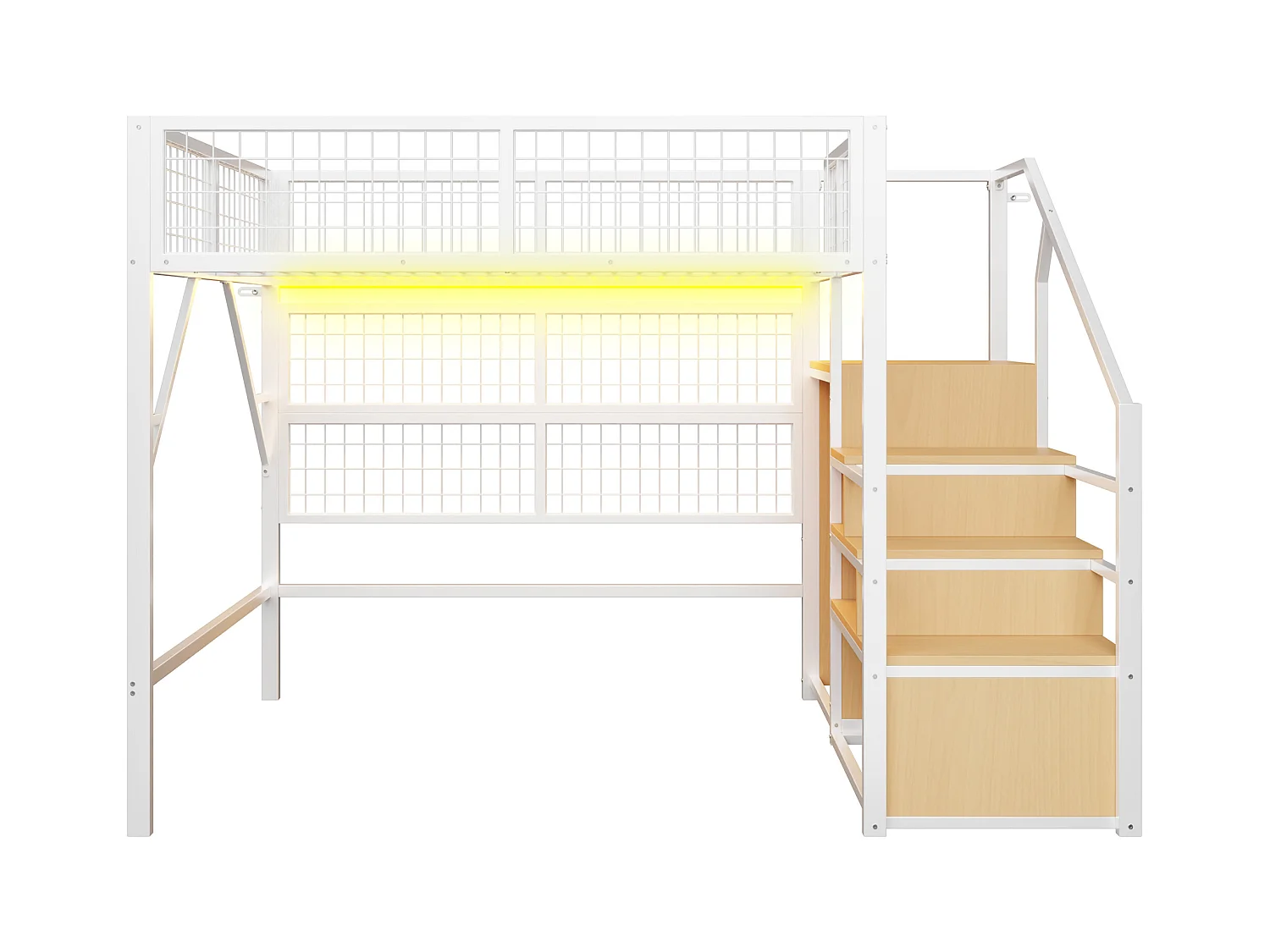 Lit mezzanine enfant en métal - 140 x 200 cm - avec armoire + Leds + rangements dans l'escalier - MDF + Métal - blanc