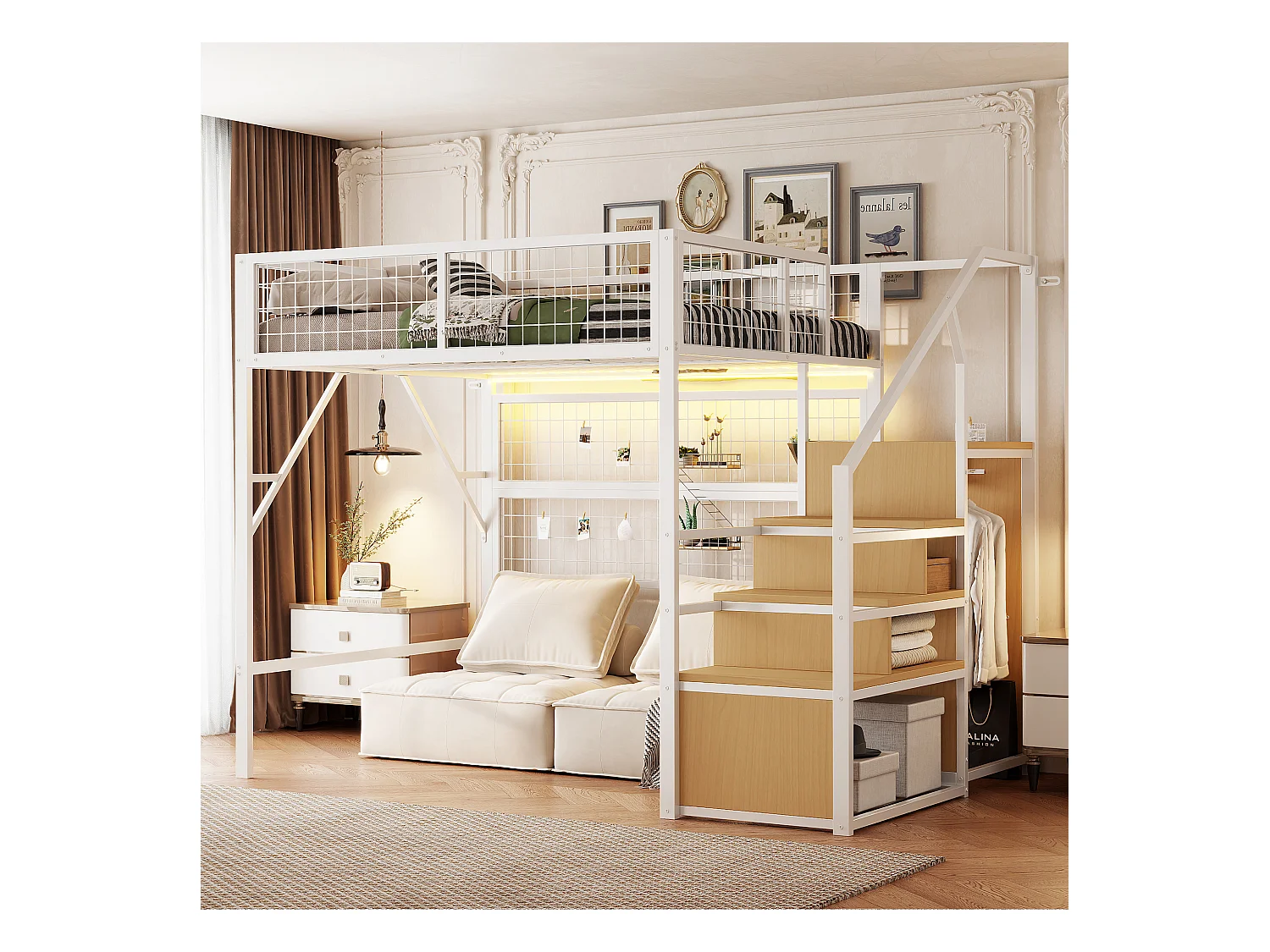 Lit mezzanine enfant en métal - 140 x 200 cm - avec armoire + Leds + rangements dans l'escalier - MDF + Métal - blanc
