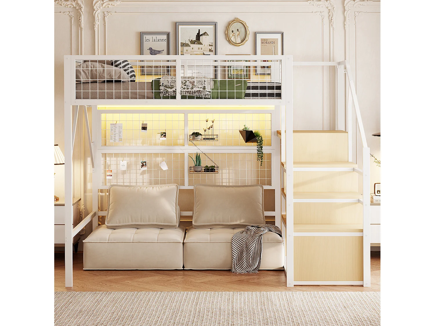 Lit mezzanine enfant en métal - 140 x 200 cm - avec armoire + Leds + rangements dans l'escalier - MDF + Métal - blanc