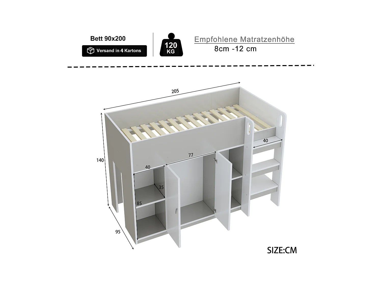 Łóżko piętrowe dla dzieci - 90 x 200 - z 2 drzwiami - z szafą + półki - drewno + MDF - szare
